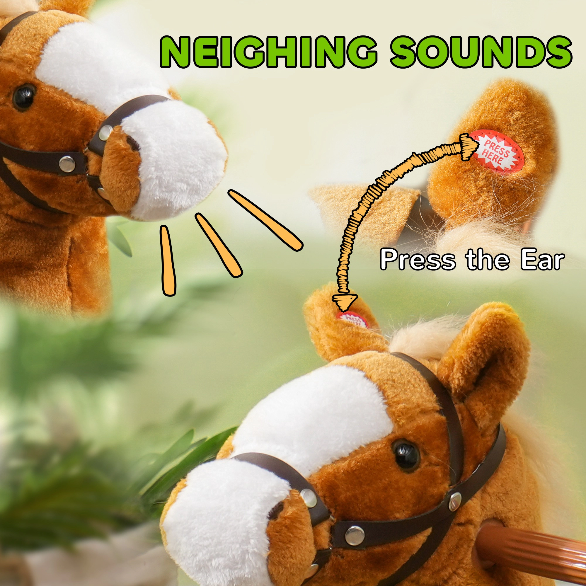 HONGGE Plush Ride-On Pony with Wheels, Neighing Sound & Handlebar, Holds up to 132 lbs, Ages 3-5, Brown