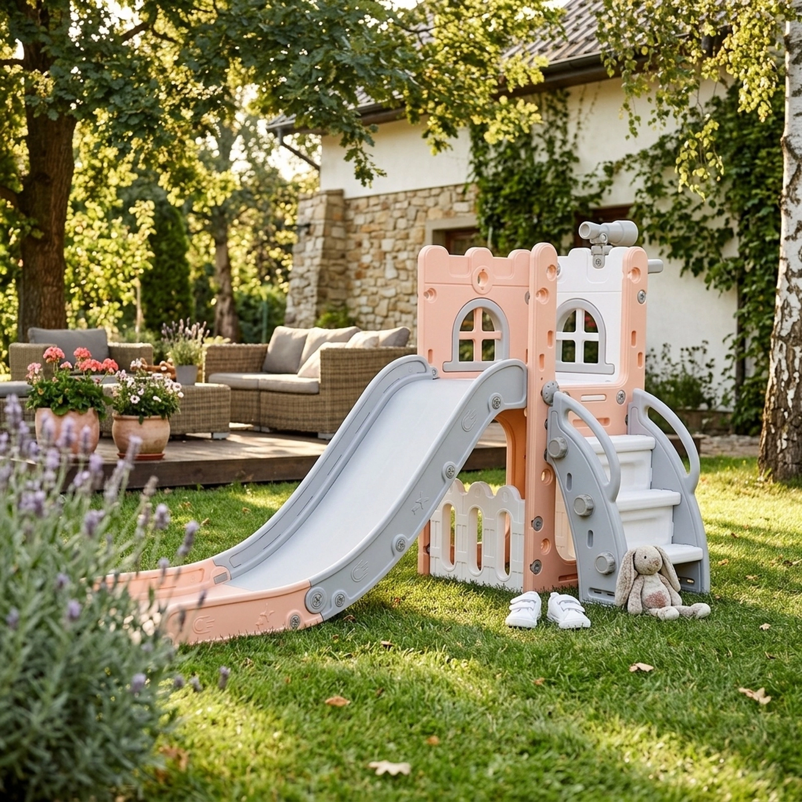 6-in-1 Kids Slide for Toddlers 1-3 L-Shaped Indoor Playground Climber 51-in Slide Basketball Hoop Ladder Pink