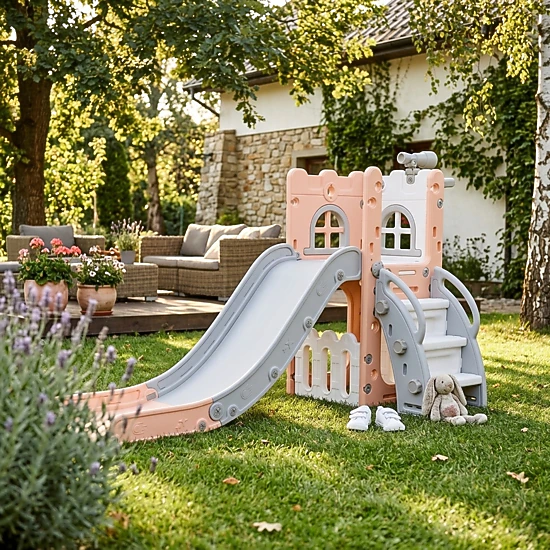 6-in-1 Kids Slide for Toddlers 1-3 L-Shaped Indoor Playground Climber 51-in Slide Basketball Hoop Ladder Pink
