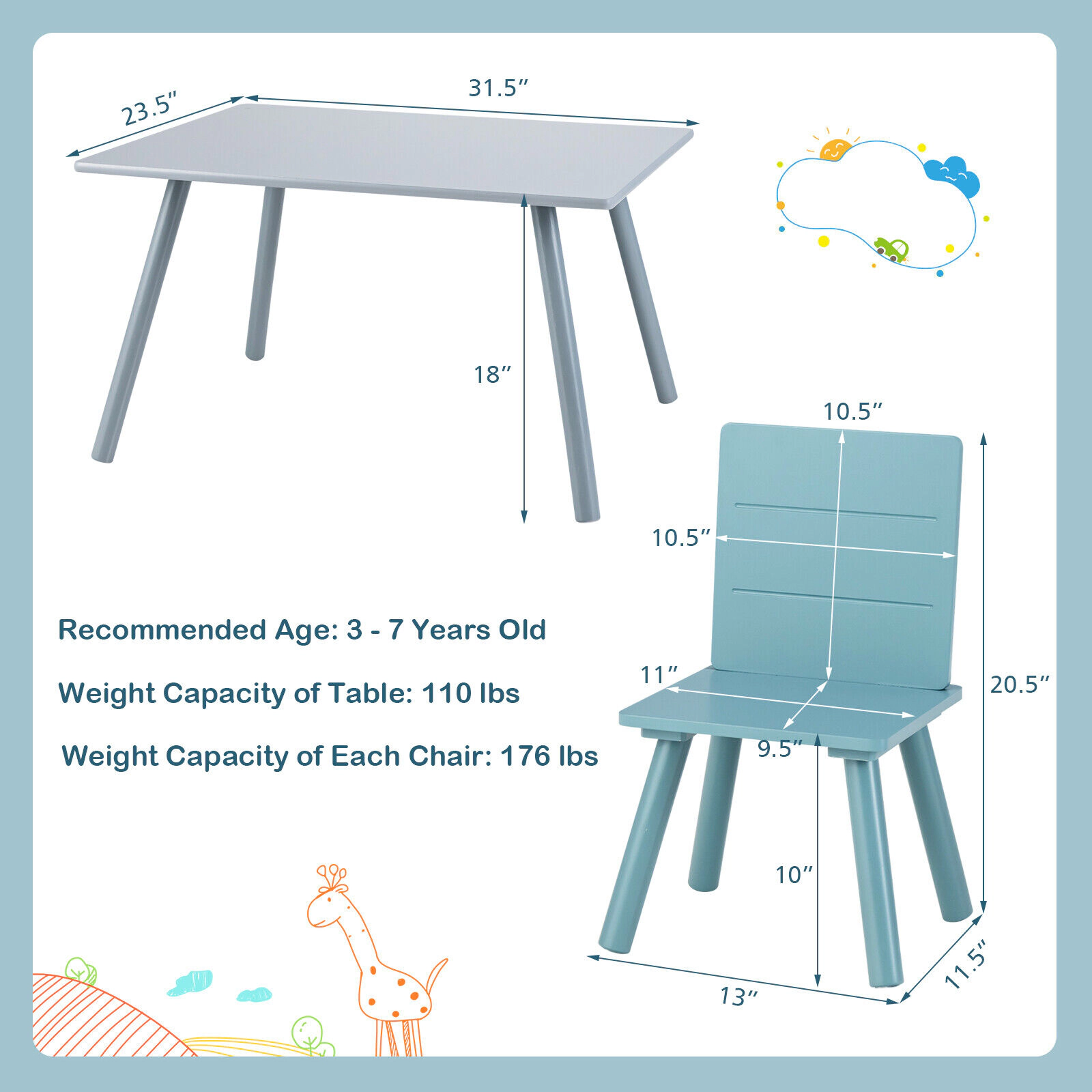 SUGIFT 5-Piece Kids Activity Table and 4 Chairs Set with Building Blocks, Blue