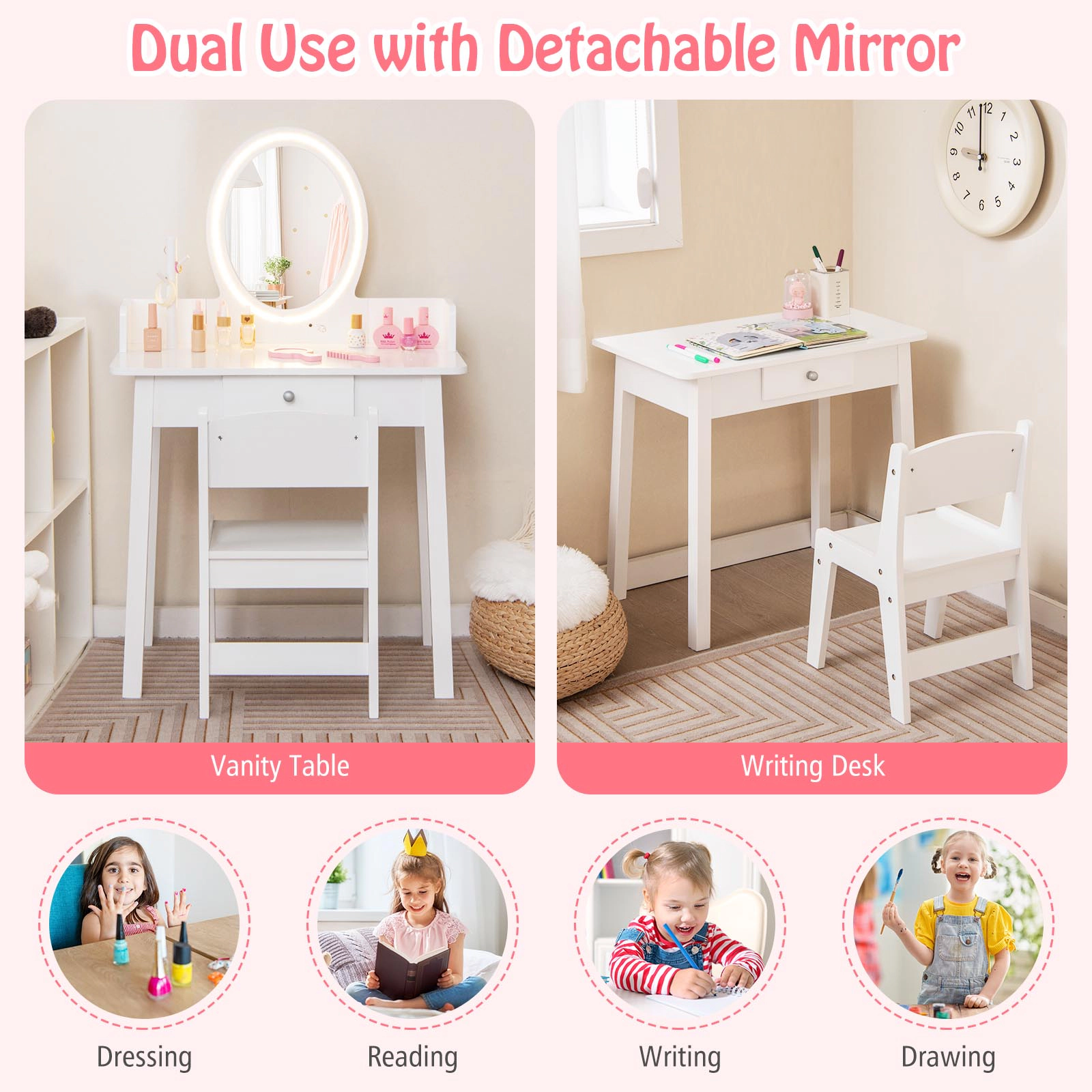 SUGIFT White LED Lighted Mirror Detachable Mirror Drawer and Stool Kids Vanity Set