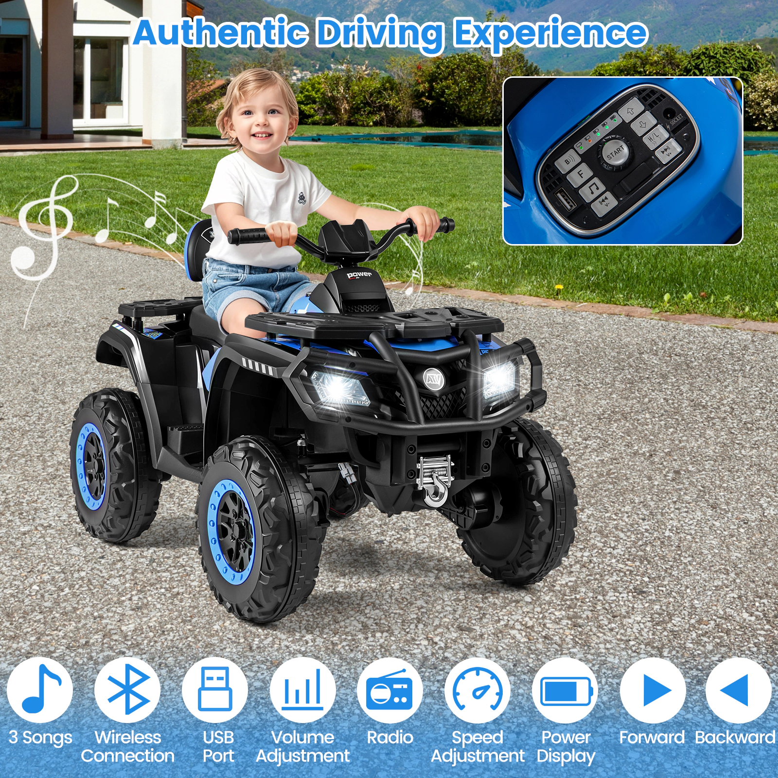 24V Kids ATV 2-Seater 4-Wheeler Electric Ride On Quad 4 Motors LED Headlights Ages 3-8 Blue