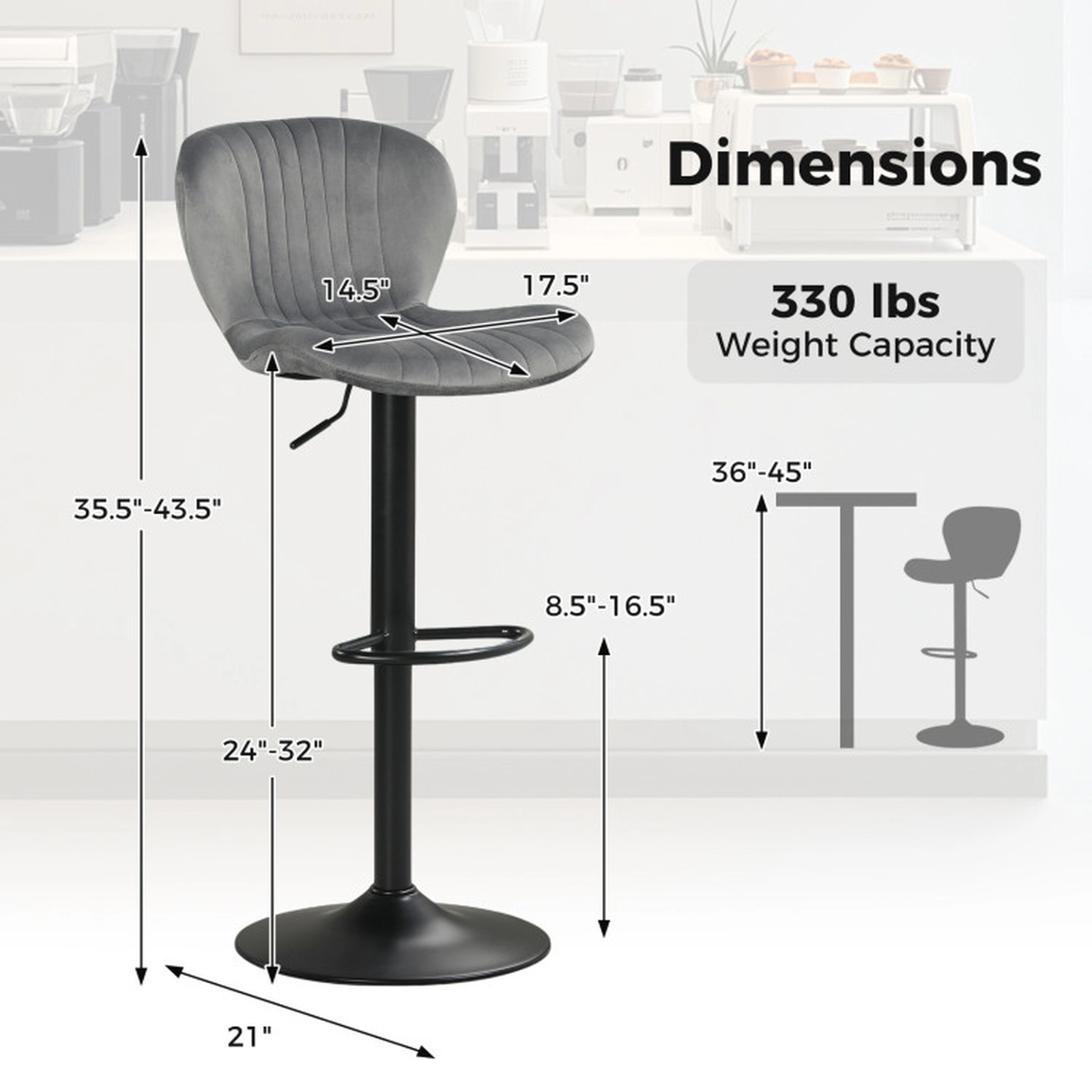 SUGIFT Set of 4 Gray Adjustable Velvet Swivel Bar Stools with Backrests and Footrests