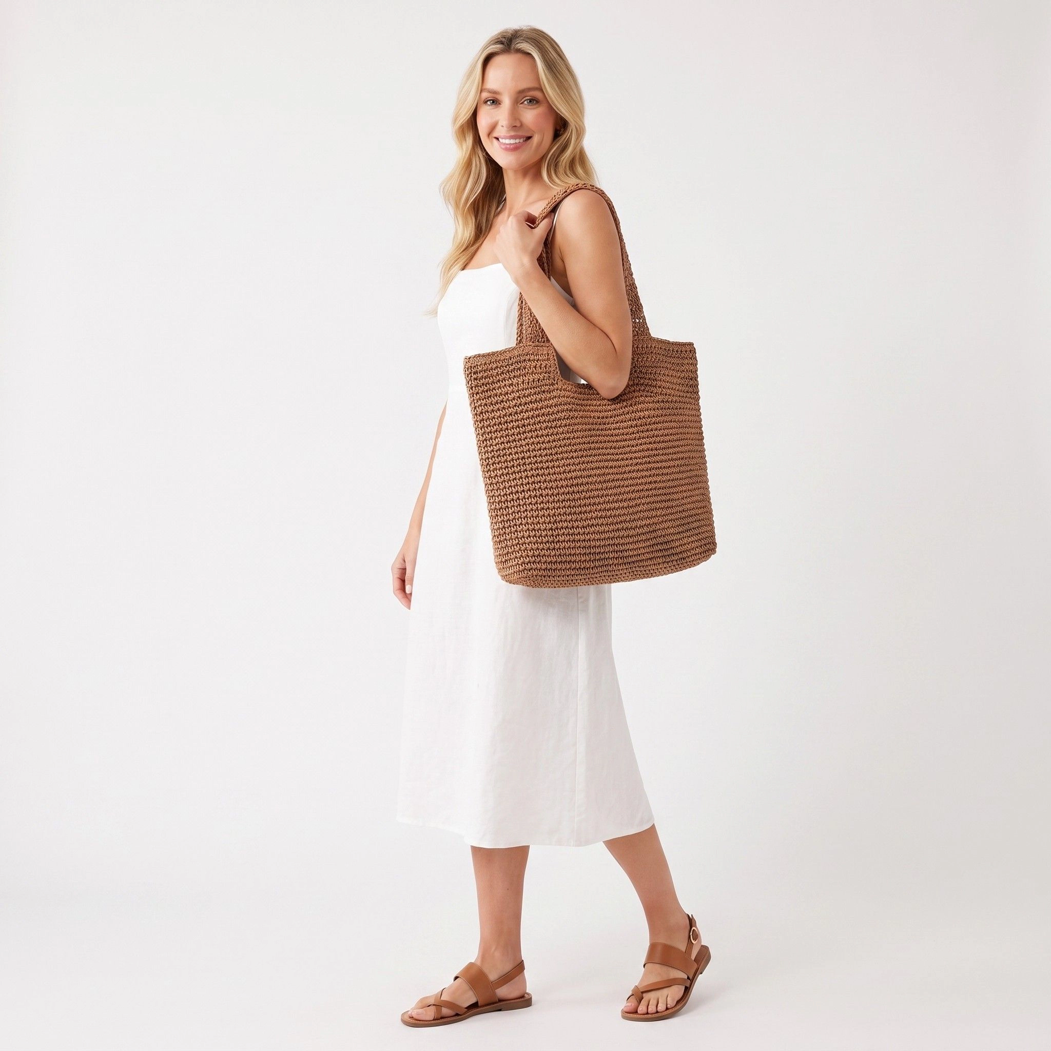 Alilang Women's Woven Crochet Tote Bag with Shoulder Straps Lightweight Knit Tote with Zipper Pocket, Khaki