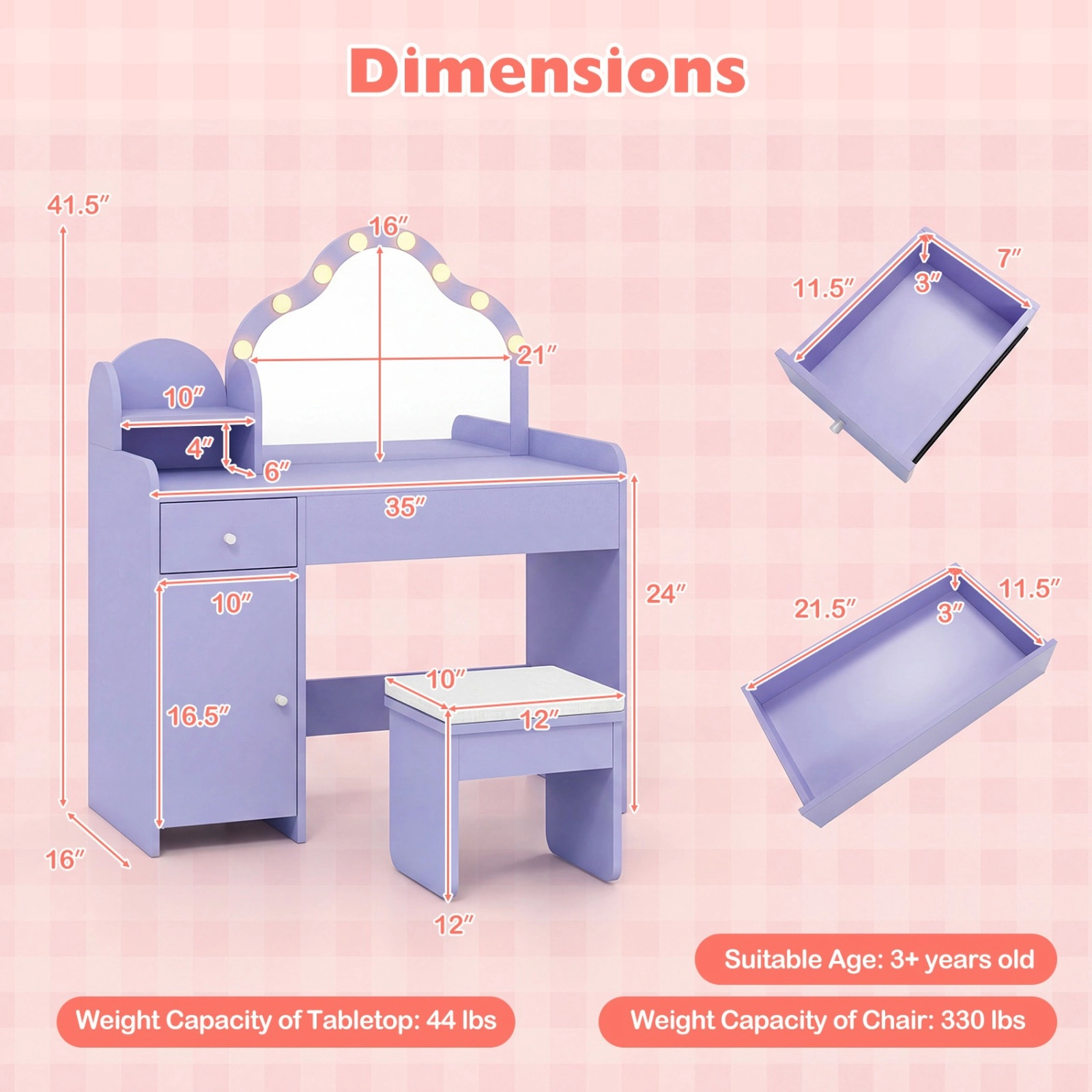 SUGIFT Kids Vanity Desk Lighted Acrylic Mirror & Storage 44-lb Tabletop Capacity Ages 3+ Pink/Purple/White 2-Piece Set