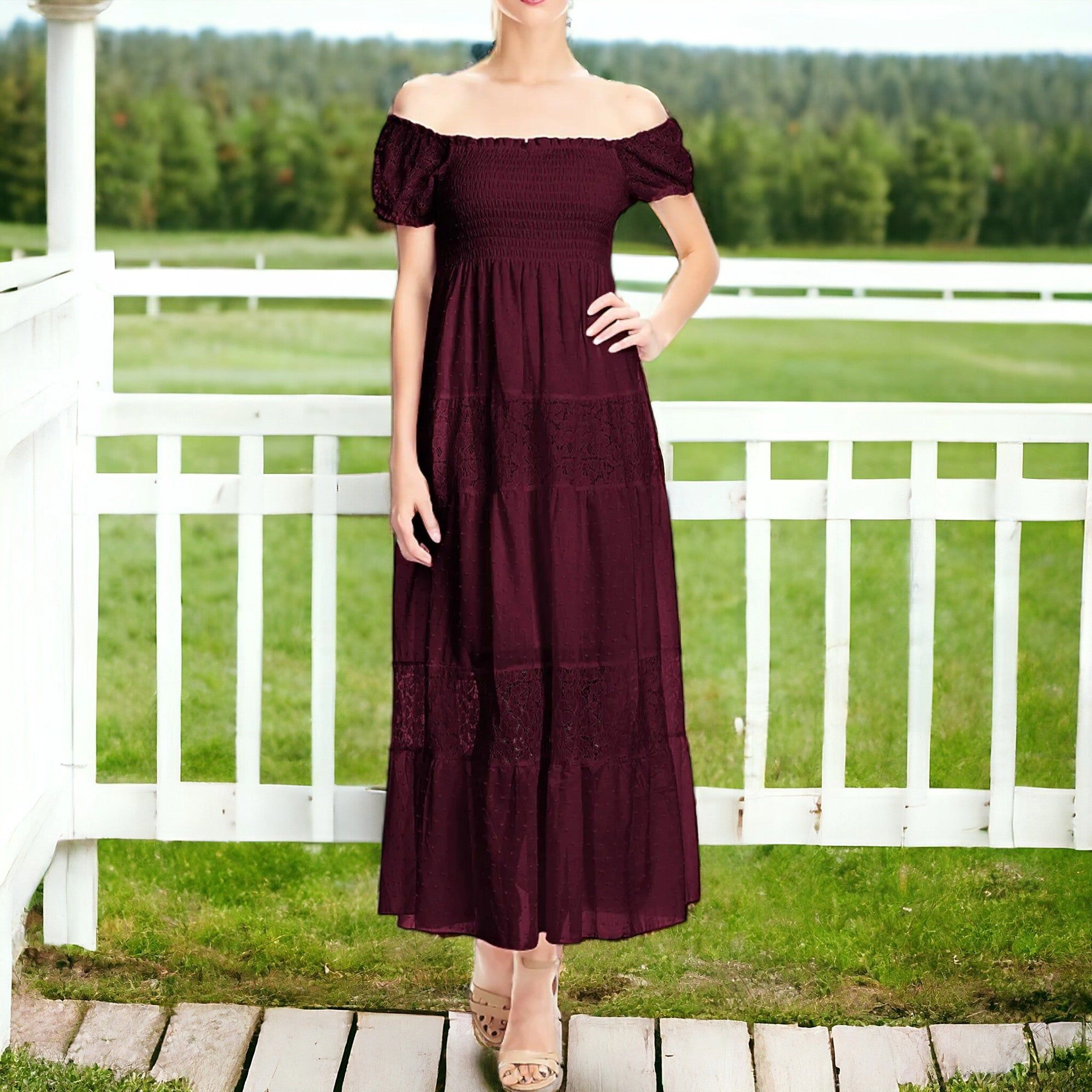 Women's Black Off-Shoulder Lace Maxi Dress with Square Neck, Short Sleeves, Half Lining