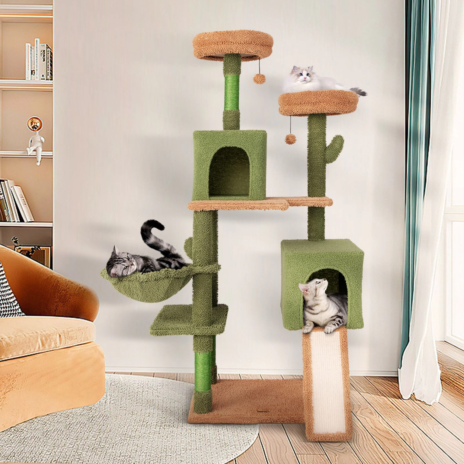 SlickBlue Cactus Cat Tree with 2 Condos, Basket & Scratching Posts