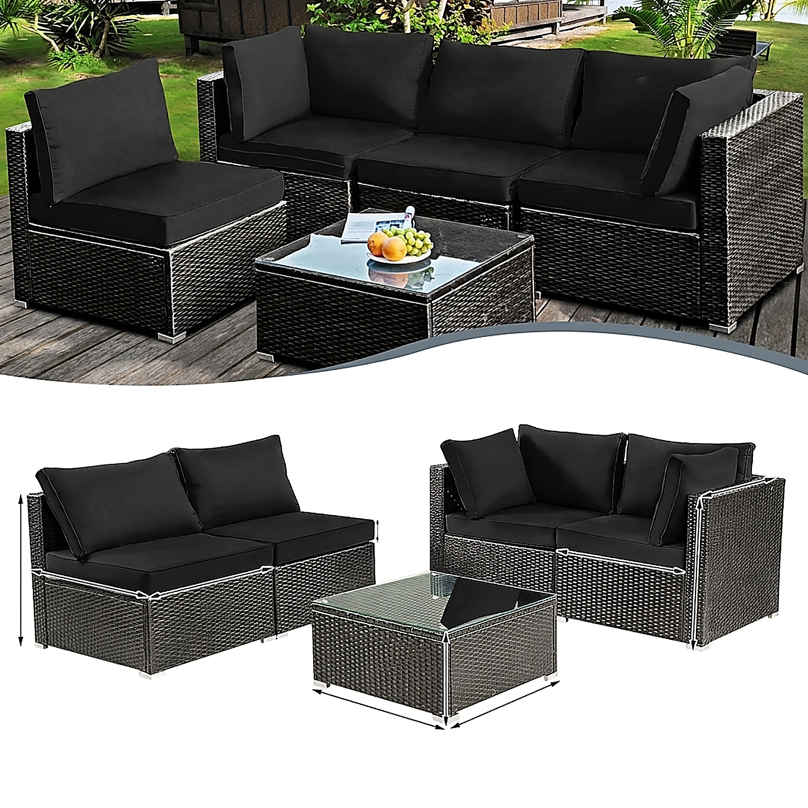 SUGIFT 5 Piece Cushioned Patio Rattan Furniture Set with Tempered Glass Table