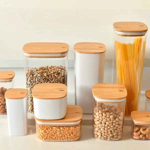 OU Airtight Food Storage Container 6.3cup, Clear Plastic w/ Leak Proof Bamboo Lid, Slim Kitchen Pantry Organizer