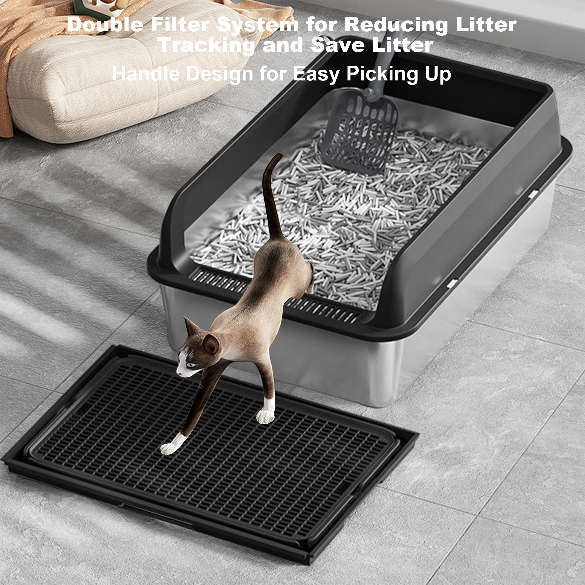XL Top-Entry Stainless-Steel Cat Litter Box, Anti-Tracking Pan with Mat 60x40x30cm, Black
