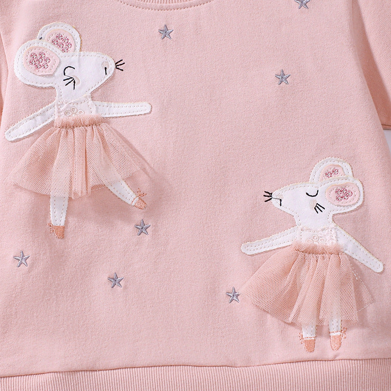 MyKids-USA Summer Arrival Dancing Mouse Pattern Short Sleeves Tulle Dress for Stylish Girls