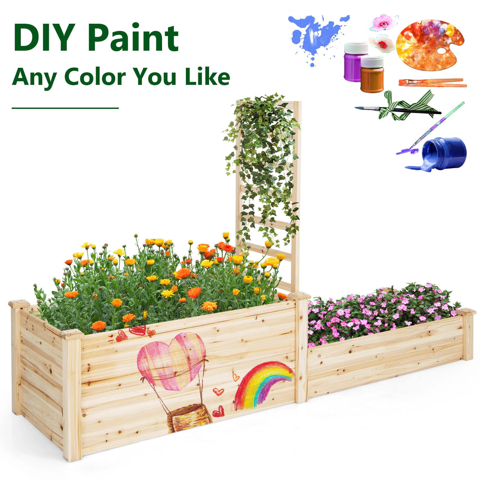 SUGIFT Raised Fir Wood Garden Bed with Trellis and Dual Planter Boxes 53-in Tall Natural