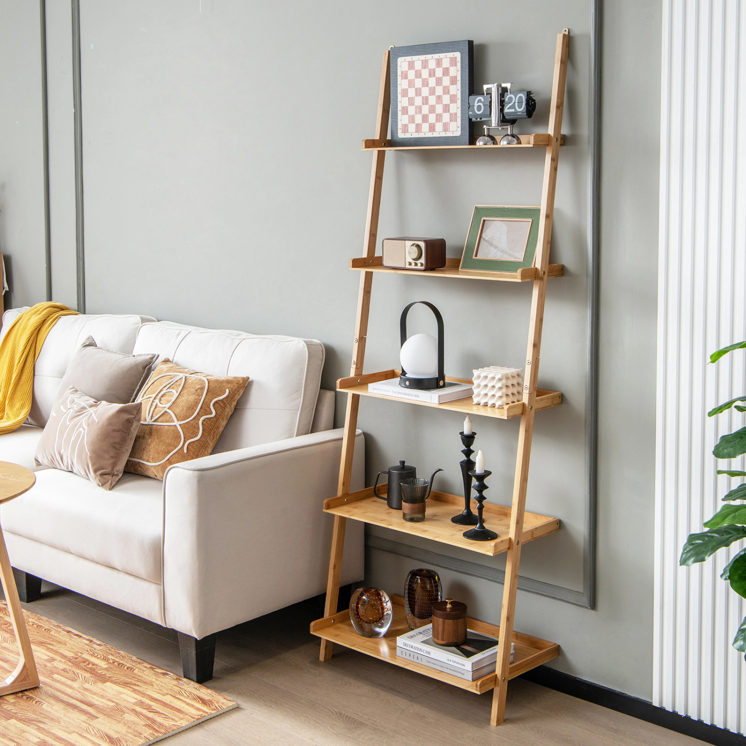 LJG 5-Tier Ladder Shelf Bamboo Bookshelf Wall-Leaning Storage Display Plant Stand