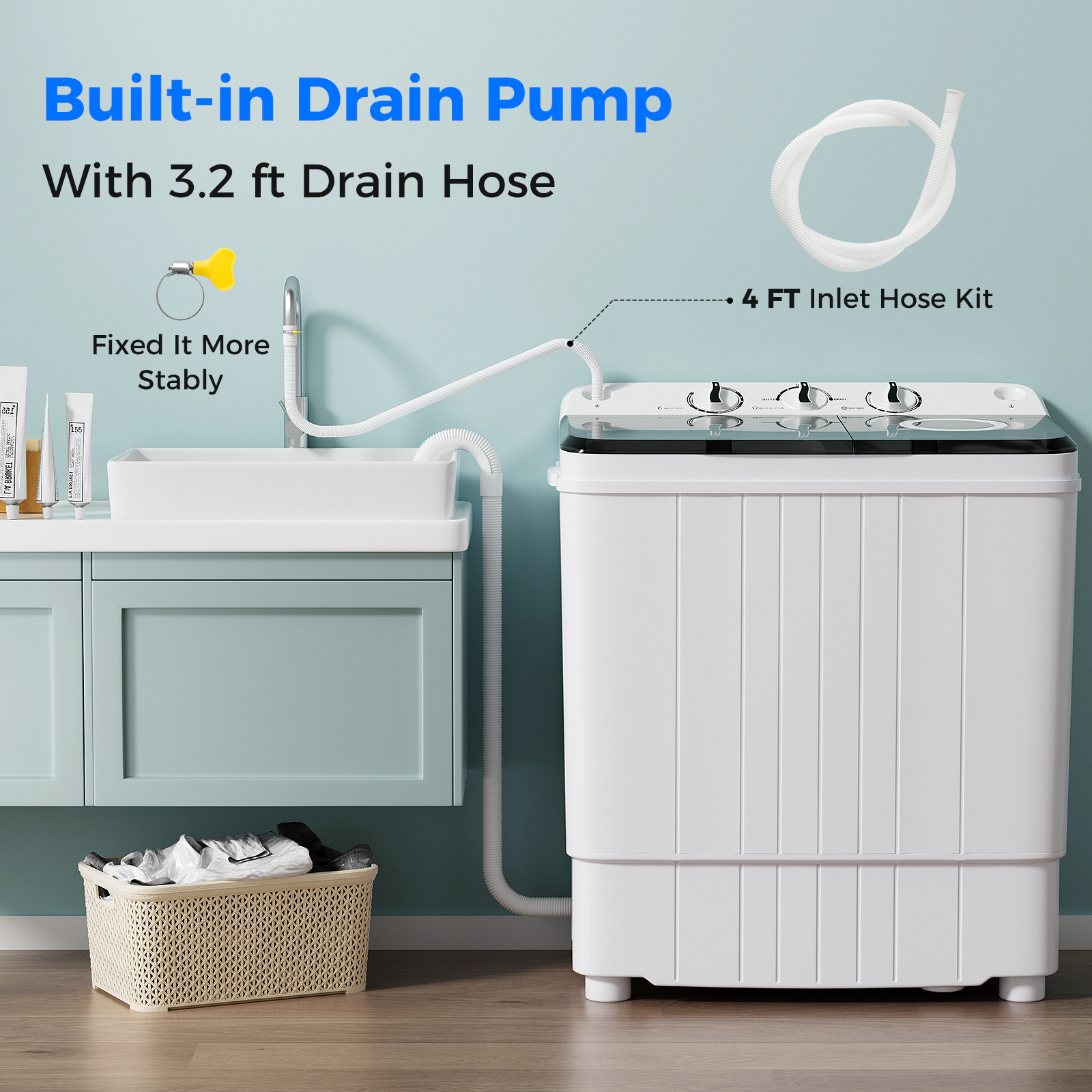 SUGIFT 17.6-lb Total 11-lb Wash 6.6-lb Spin Twin Tub Portable Washing Machine with Built-in Drain Pump