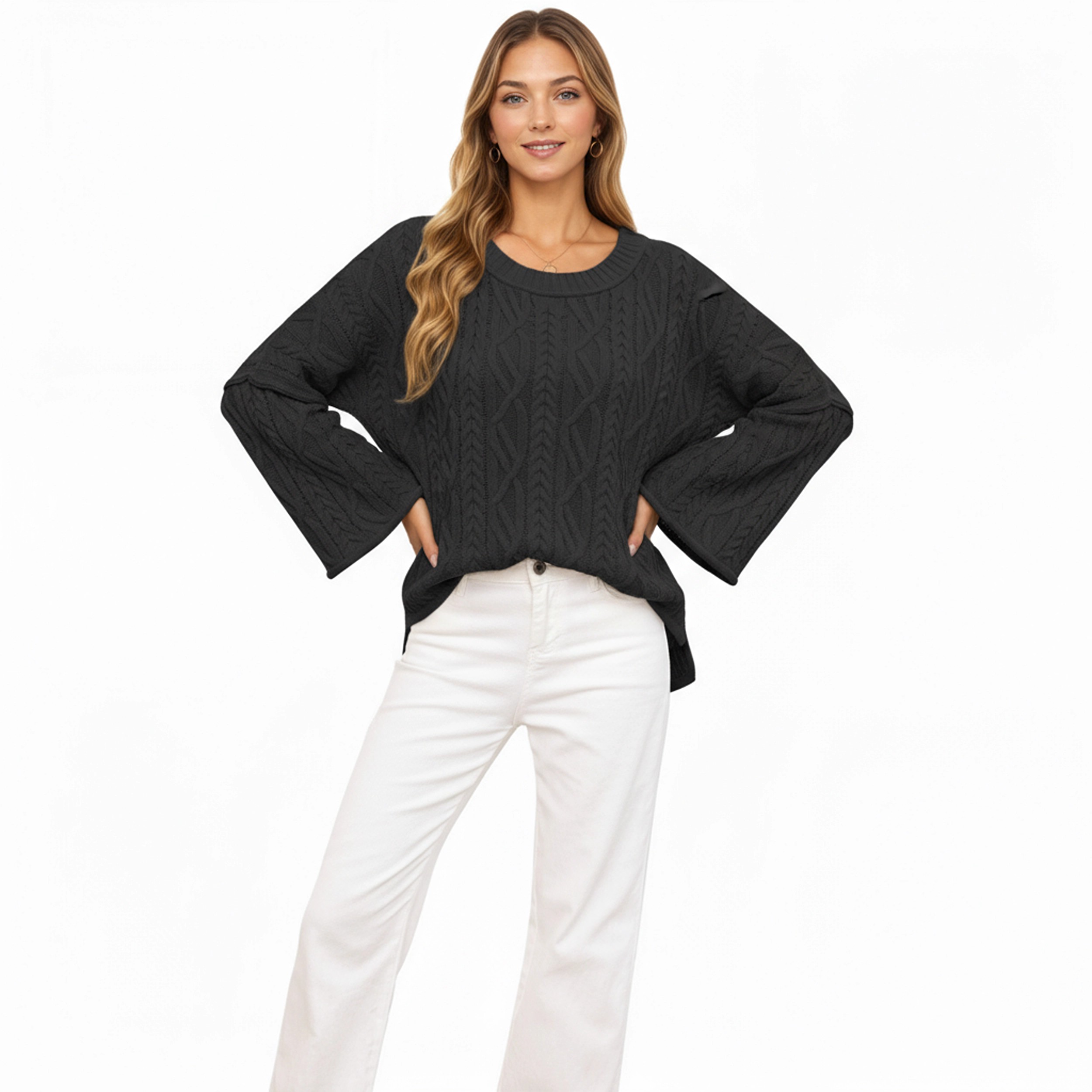 Anna-Kaci Women's Cable Knit Pullover Sweater with Relaxed Fit and Wide Cuff Sleeves