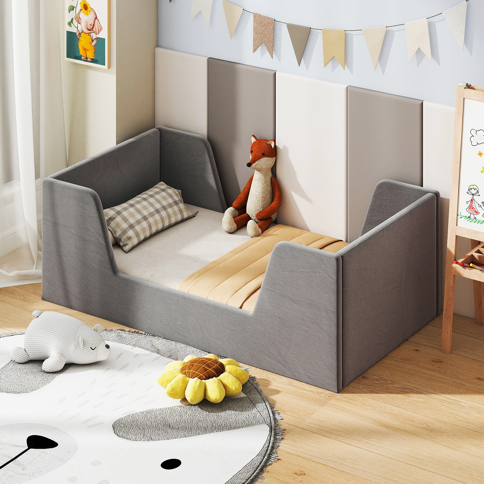 SUGIFT Gray Velvet Upholstered Toddler Bed Frame, Low Platform Bed, 55.5 x 31 x 19.5 in