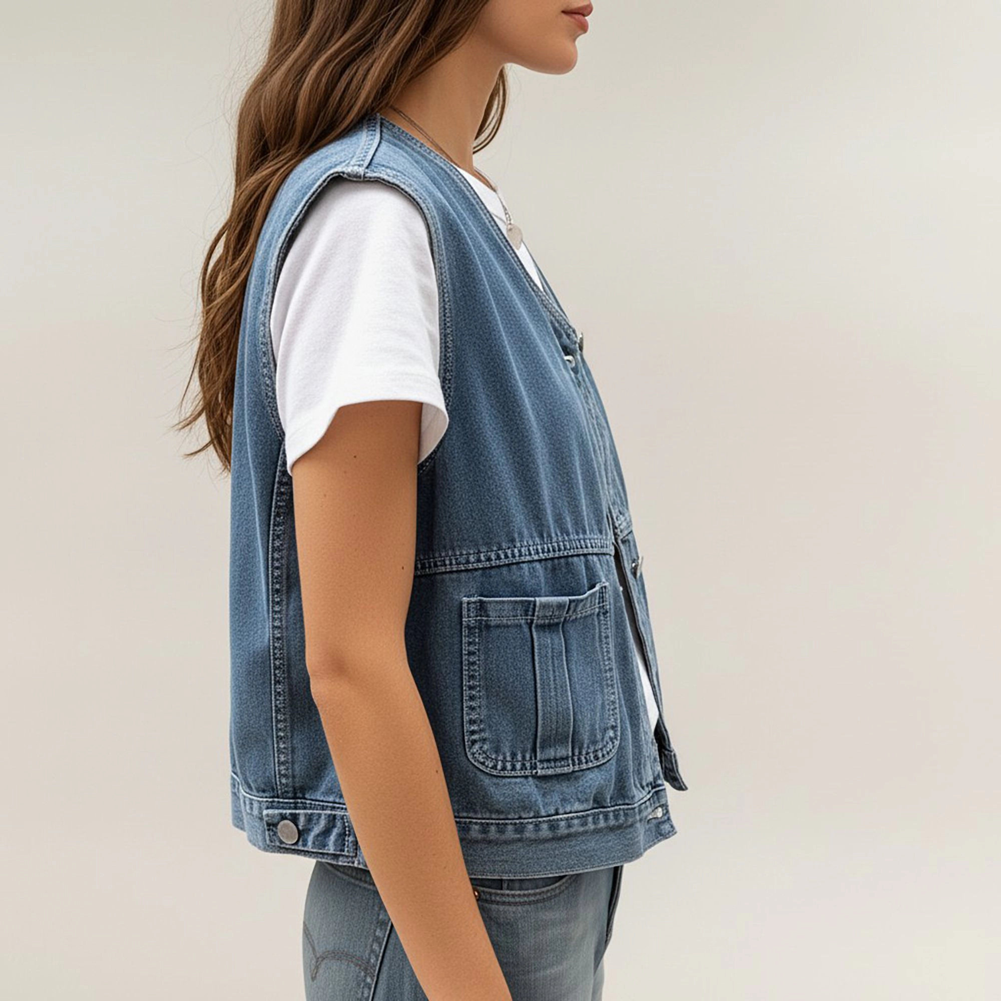 Anna-Kaci Women's Sleeveless Denim Vest with Button Front Closure Patch Pockets and Structured Fit