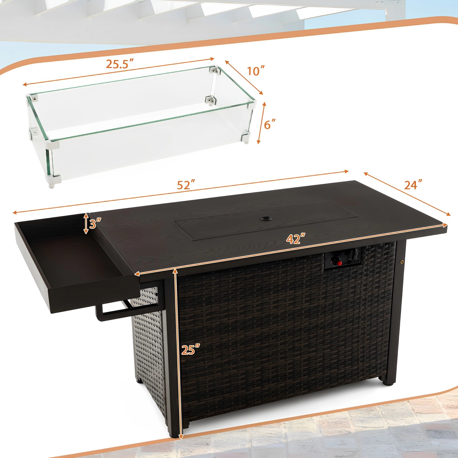 SUGIFT 52-Inch 50,000 BTU Brown Wicker Propane Fire Pit Table with Removable Lid, Wind Guard and Side Shelf