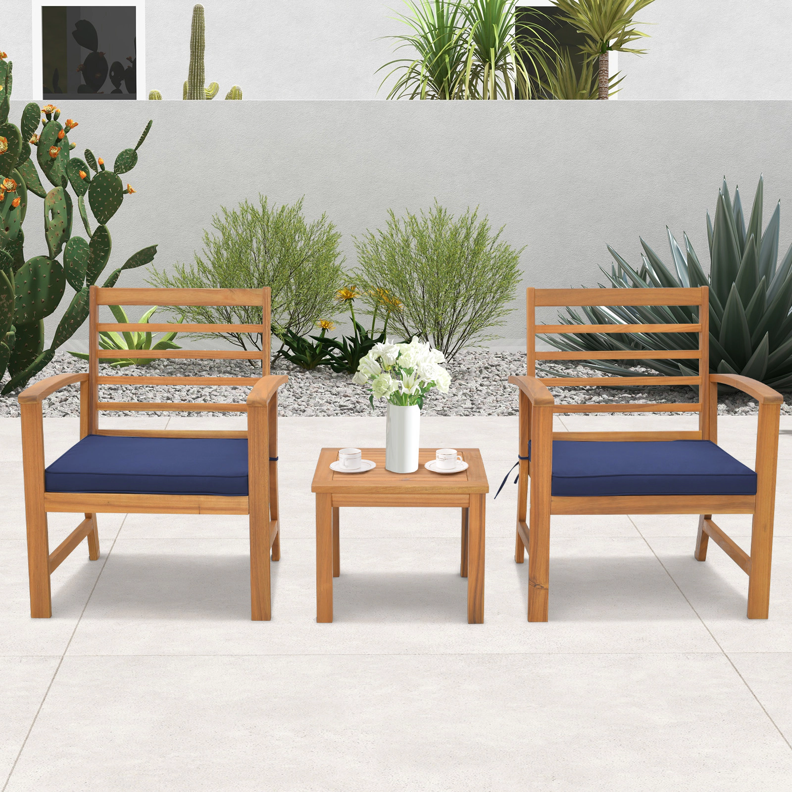 SUGIFT Outdoor Conversation Set with Cushions 400-lb Chair Capacity 180-lb Table Capacity Navy Gray/White