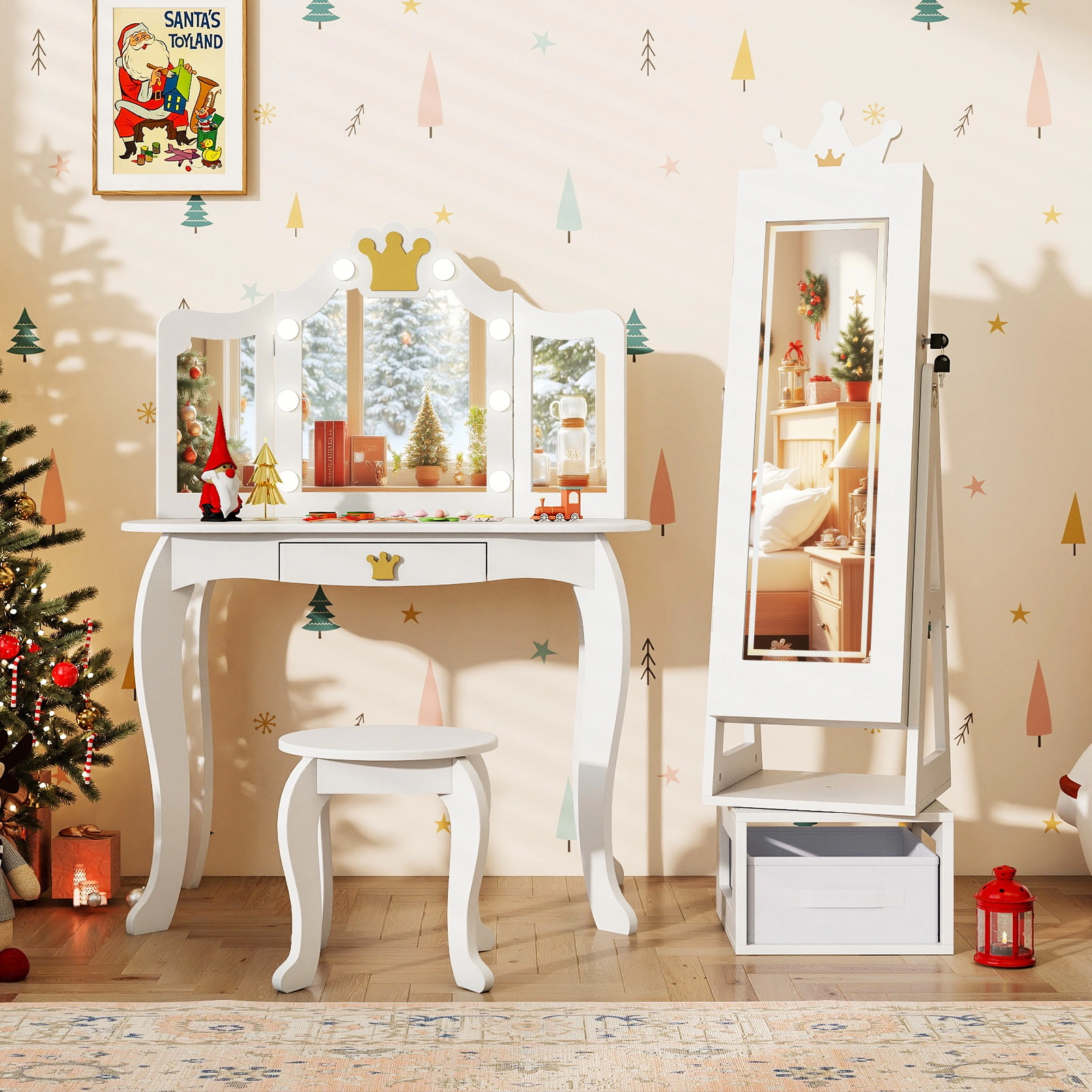 SUGIFT 3-in-1 Kids Jewelry Cabinet with Lighted Full-Length Mirror 47-in Standing Armoire and Rack