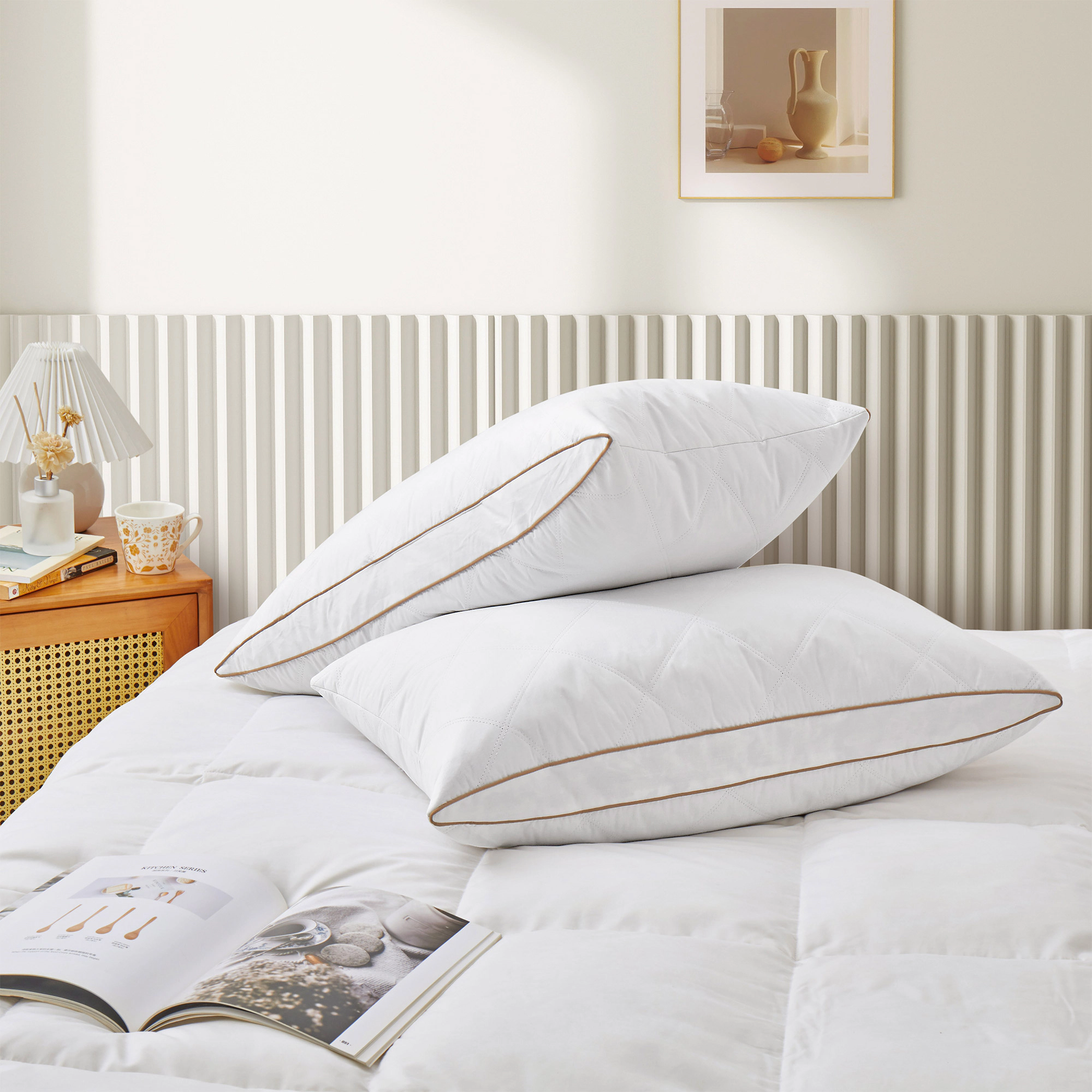 Unikome Twin Pack Goose Feather & Down Pillows – 1.5" Oval Gusset, Breathable 100% Cotton Cover