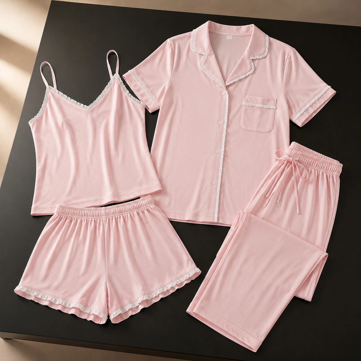 WZK Womens 4-Piece Soft Ruffle Cami Top Shorts Loungewear Pajama Set