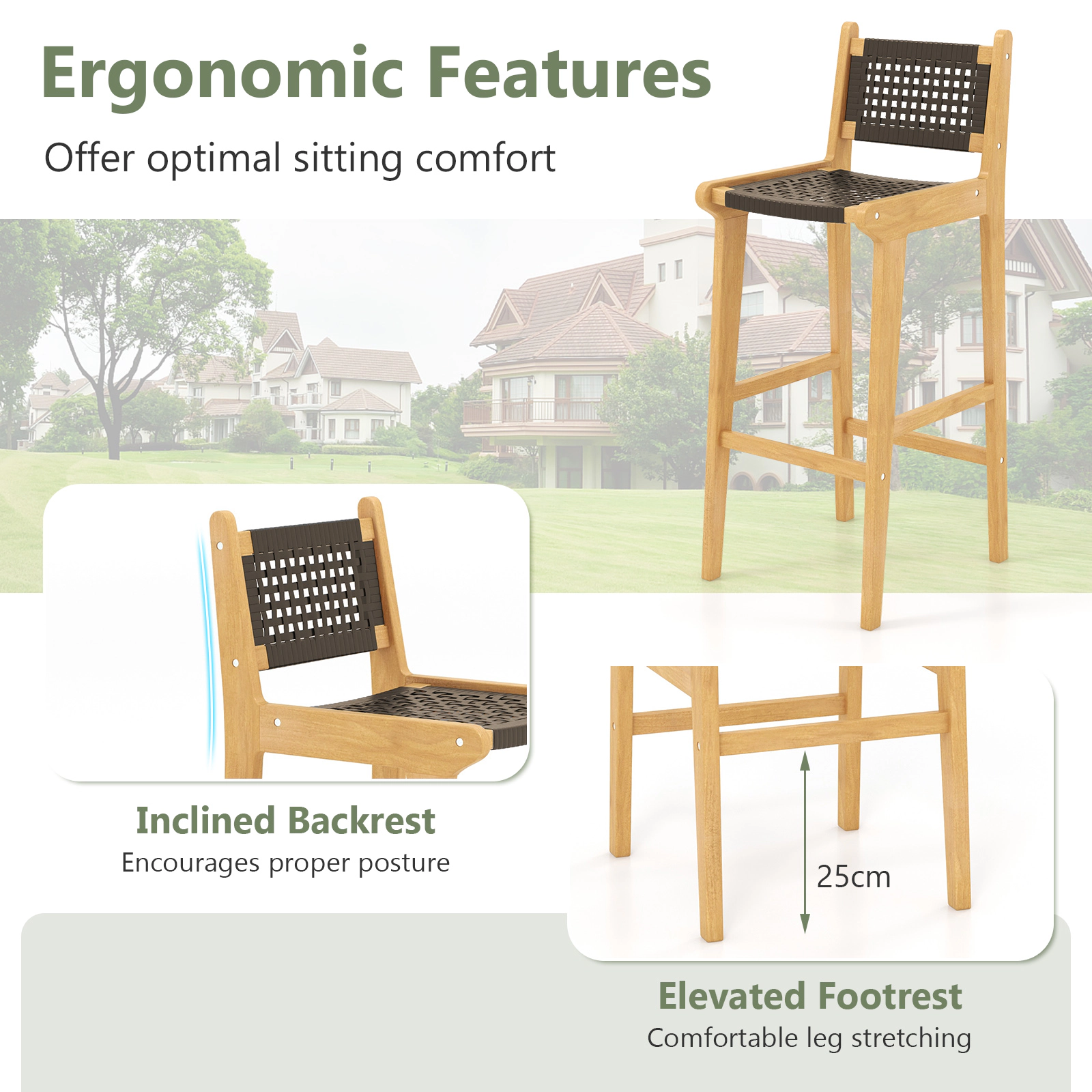 SUGIFT Rattan Teak Wood Bar Stool with Backrest and Footrest 330-lb Capacity 30-in Seat Height Black & Natural