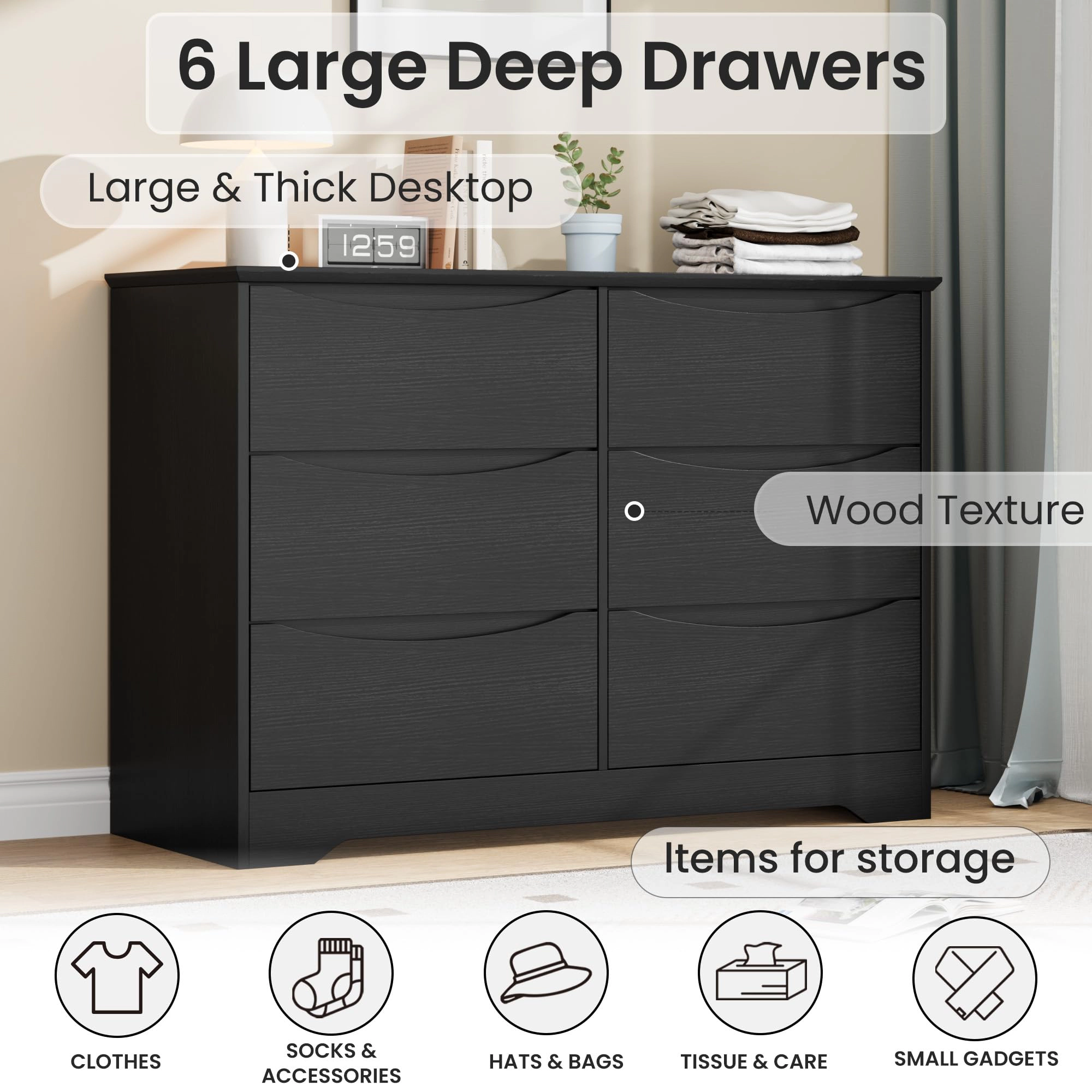 6 Drawer Modern Dresser with Hidden Handles, 47" Wide Large Double Storage Chest for Bedroom Living Room Hallway