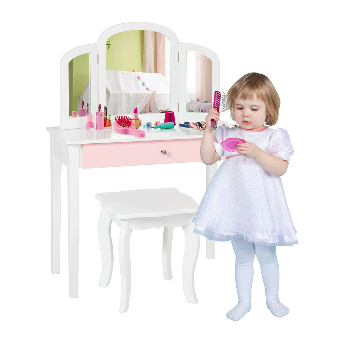 SUGIFT Kids Princess Vanity Set with Stool, Tri-Folding Detachable Mirror, Drawer and Pine Legs