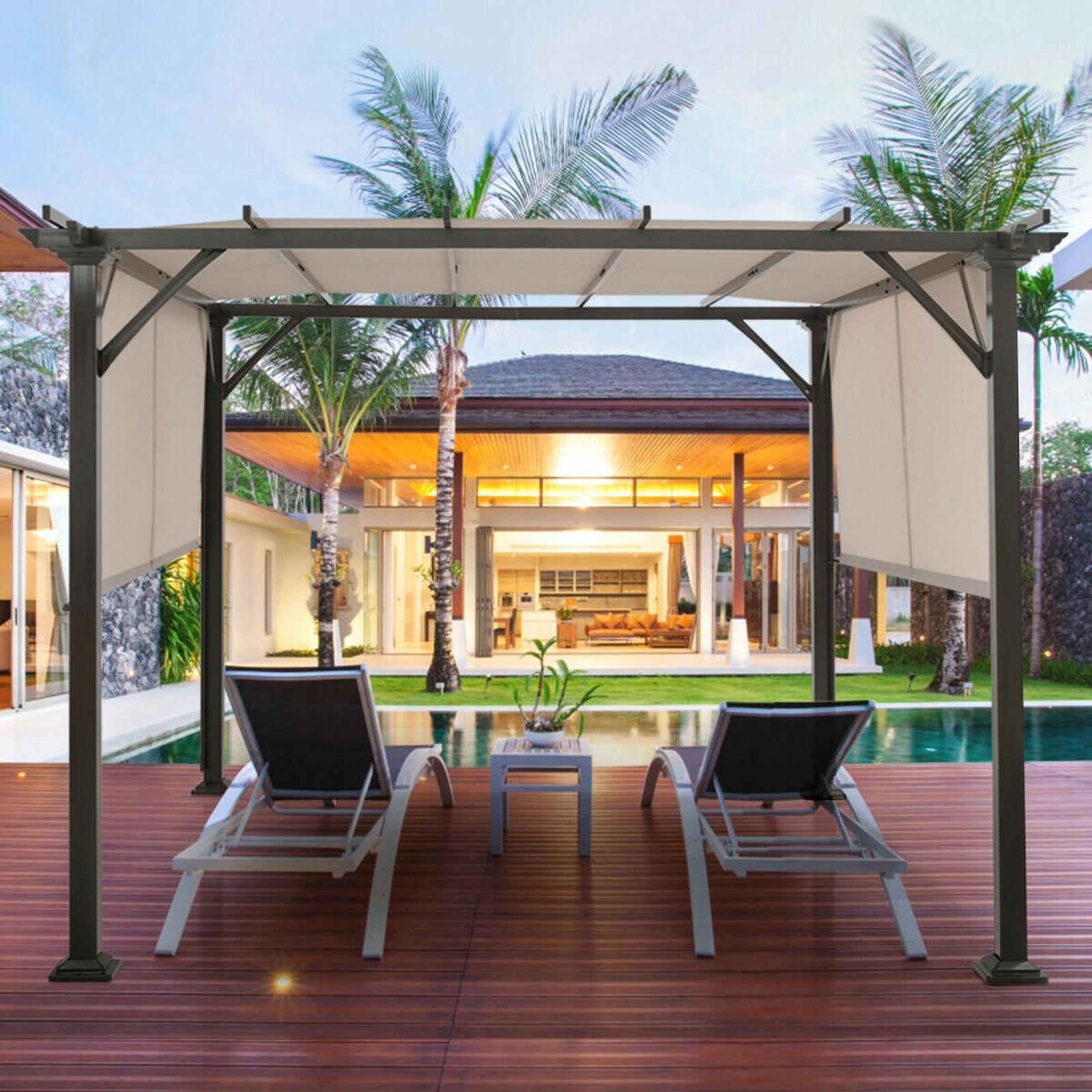 SUGIFT 10-ft x 10-ft Beige Metal Frame Patio Gazebo with Retractable Waterproof Canopy and 8 Anchors