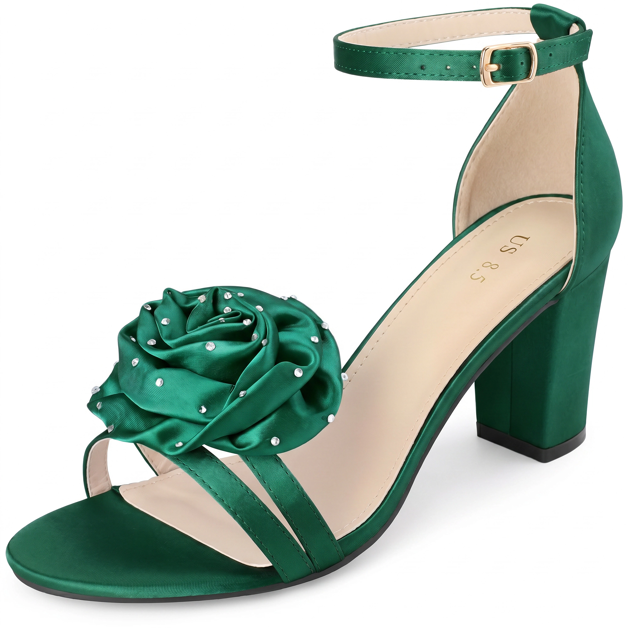 BLISSFUL STEP Women's Wedding Flower Ankle Strap Chunky Heel Sandals