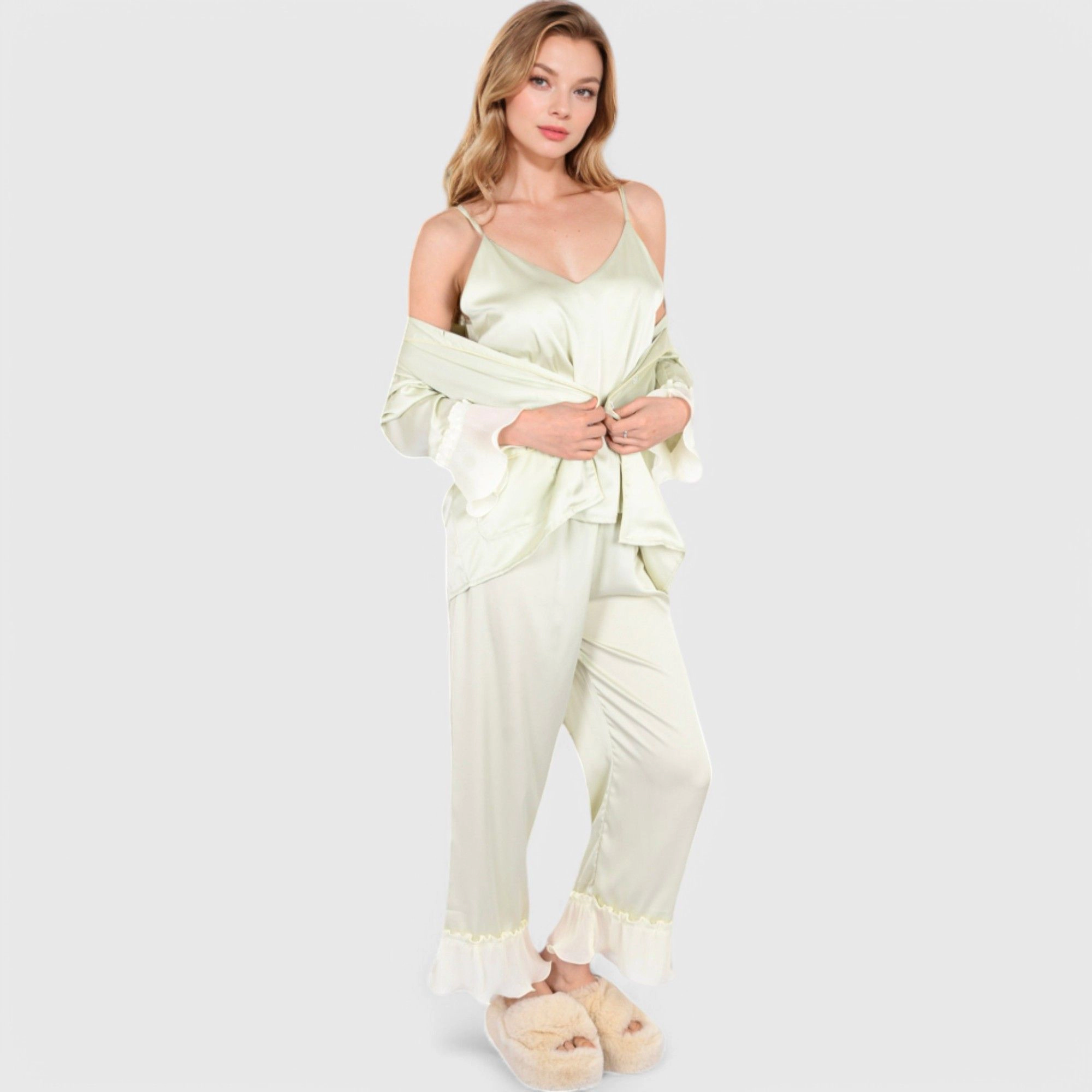 Anna-Kaci Women's Satin Pajama Set with Ruffled Cuffs and Button Up Top