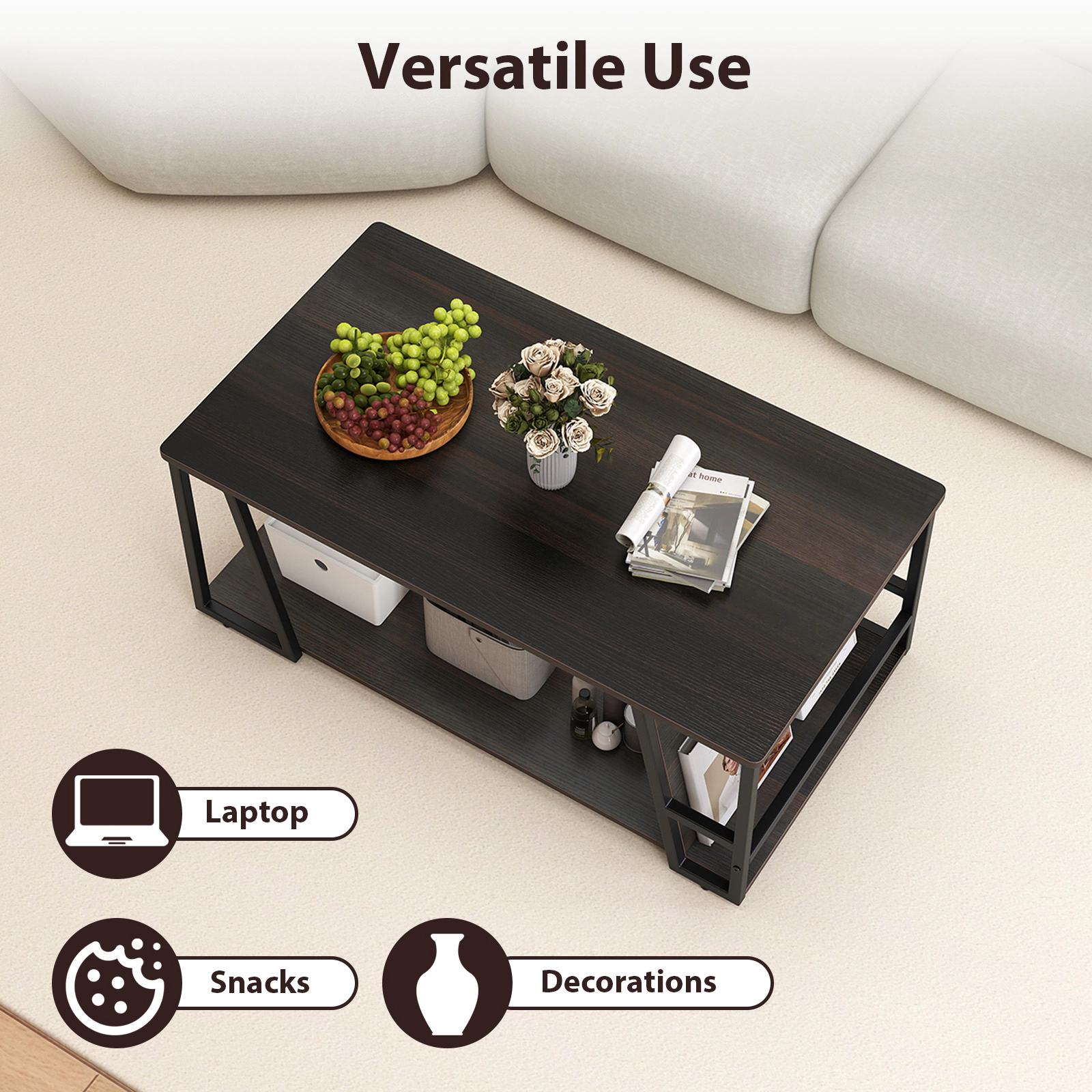 Glintex 2-Tier 40-Inch Industrial Coffee Table with Side Storage Compartment