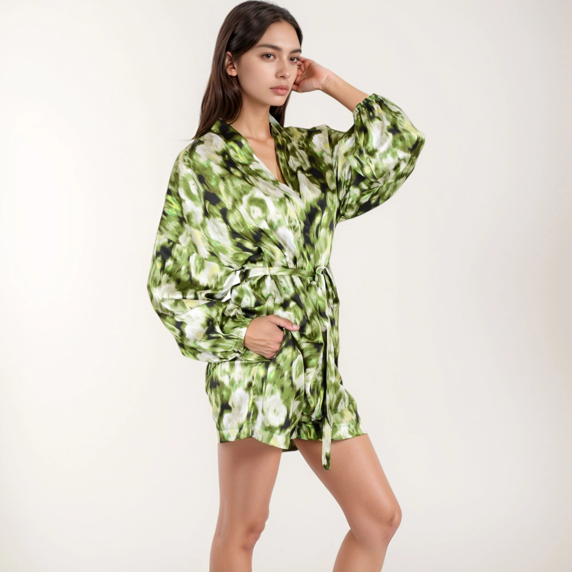 Anna-Kaci Women's Printed Satin Robe with Tie Waist and Flowing Sleeves