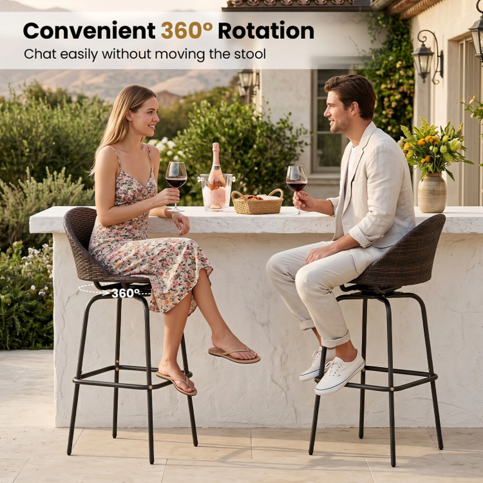 SUGIFT Brown Hand-Woven Rattan Seat and Footrest Set of 2 Patio Swivel Bar Stools