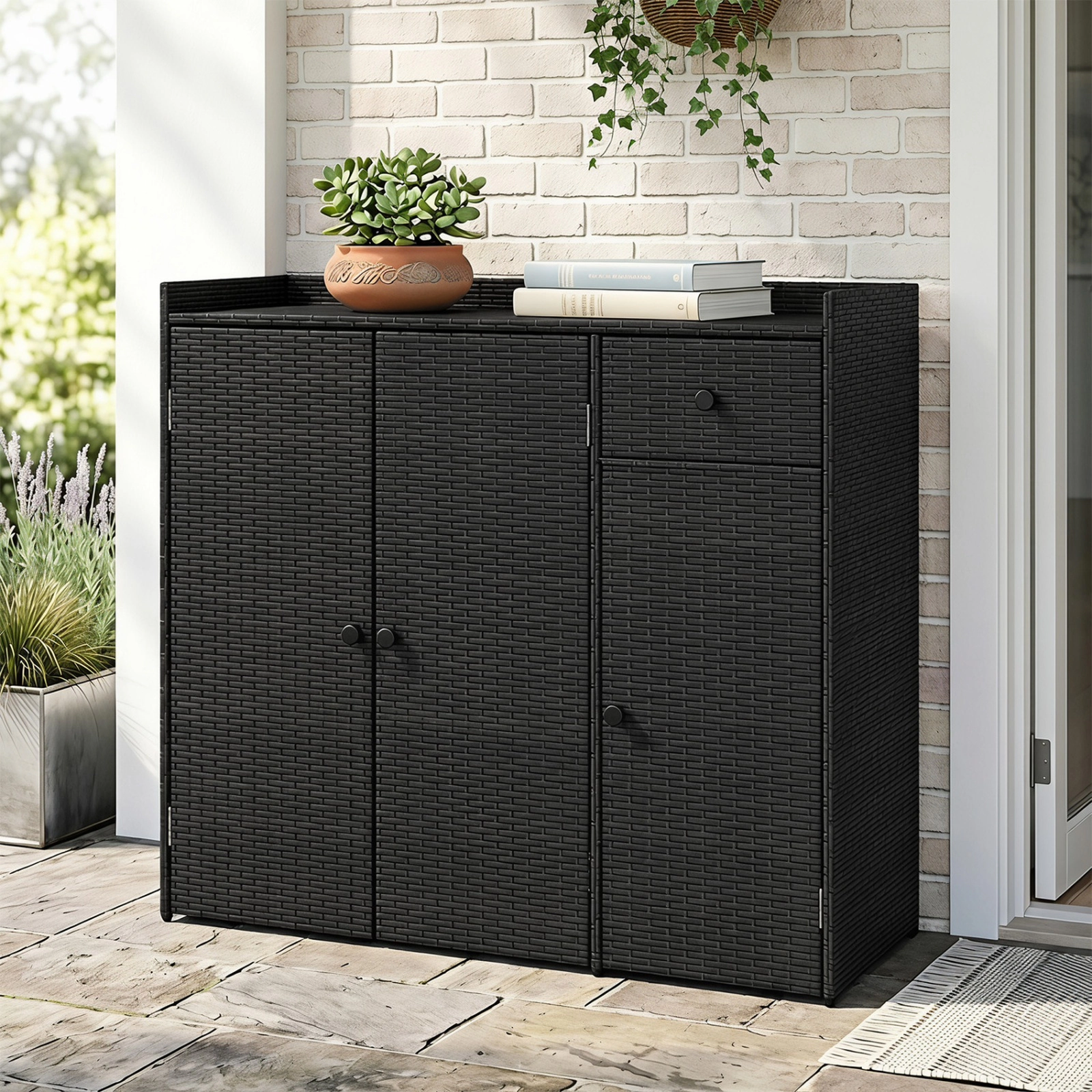 SUGIFT 3-Door Adjustable Shelves Drawer PE Wicker Outdoor Storage Cabinet 39-in x 15-in x 37-in 110-lb Countertop Black