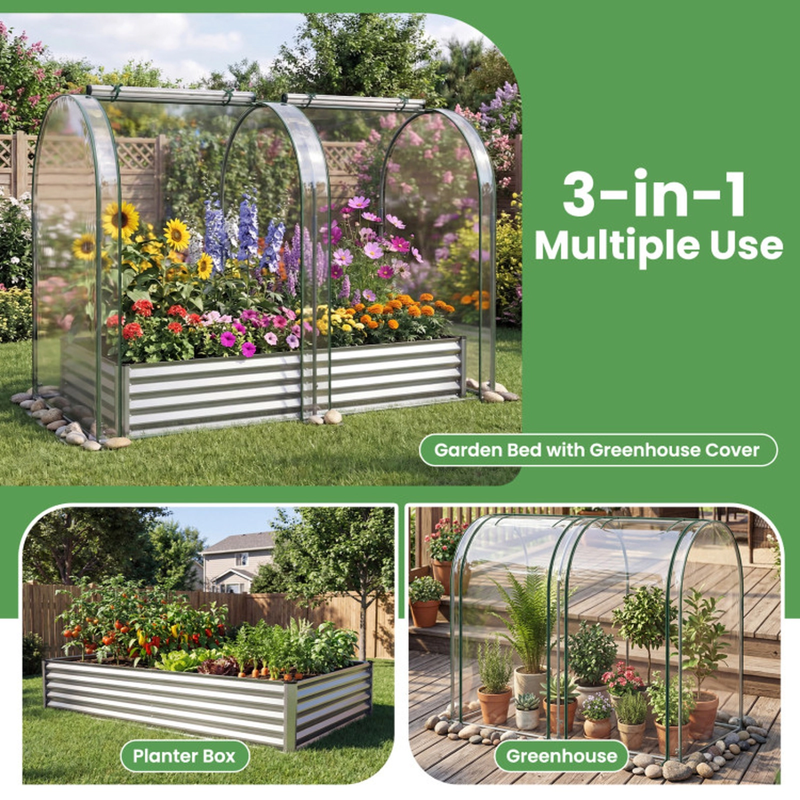 SUGIFT 6-ft x 3-ft 130-gal Galvanized Raised Garden Bed with PVC Greenhouse Cover and 2 Roll-Up Windows