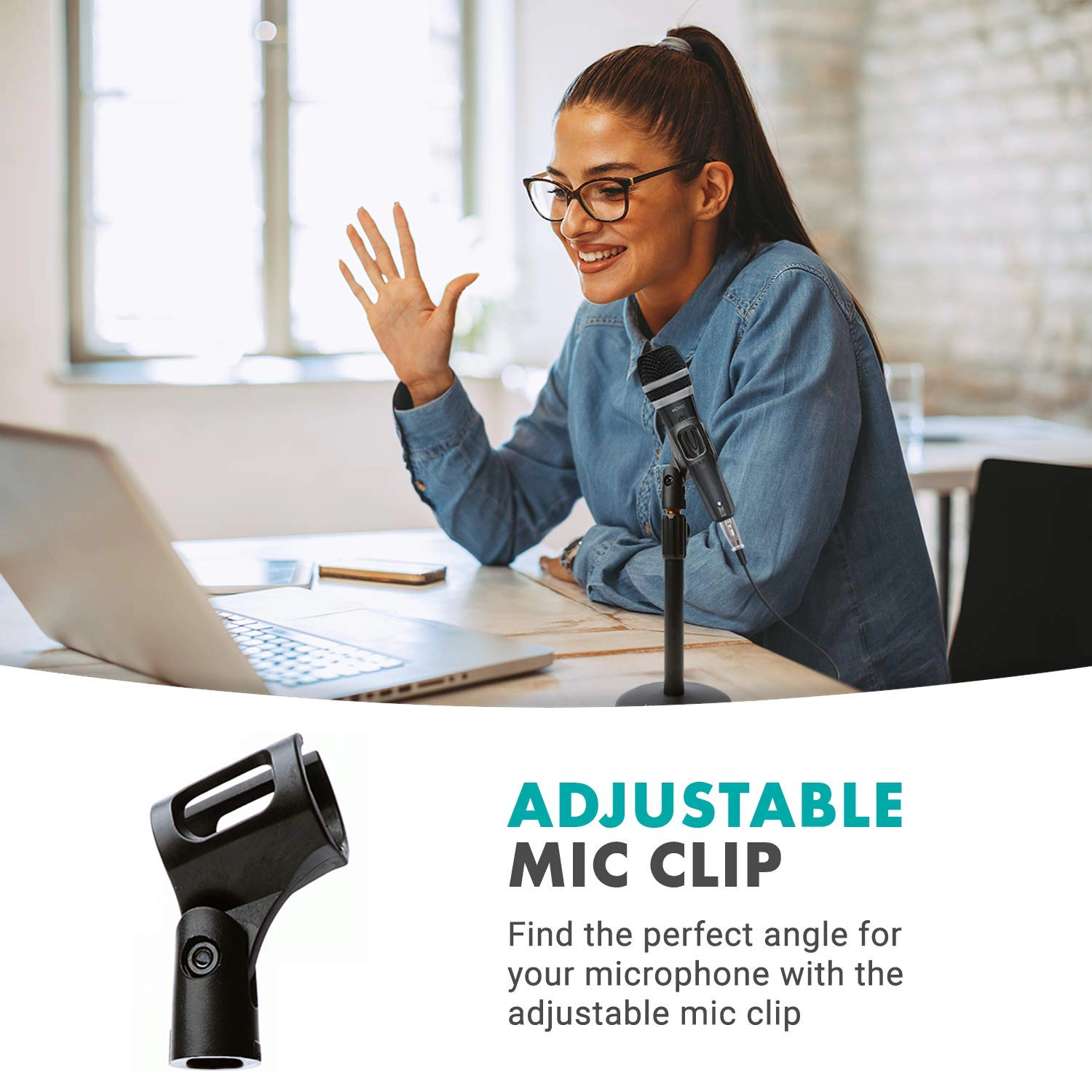 Movo TMC-3 Small Adjustable Table Mic Stand with Round Base and Universal Mic Clip. Table Top Mic Stand Height is