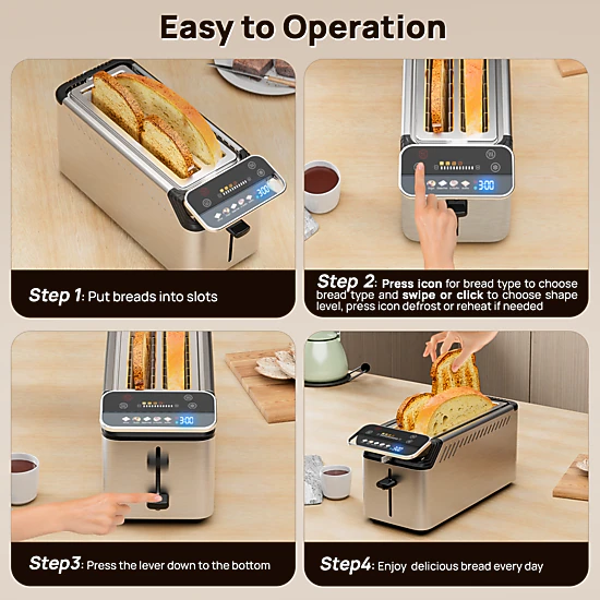 WHALL Long Slot 4-Slice Touchscreen Toaster, 1.5" Wide Slots, 5 Bread Types, 11 Browning Shades, Stainless Steel Gray