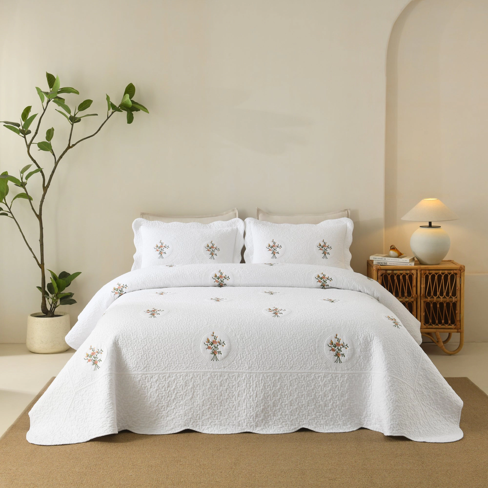 MarCielo 3 Pieces Cotton Rose Embroidered Vintage Cottage Quilt Bedspread Set