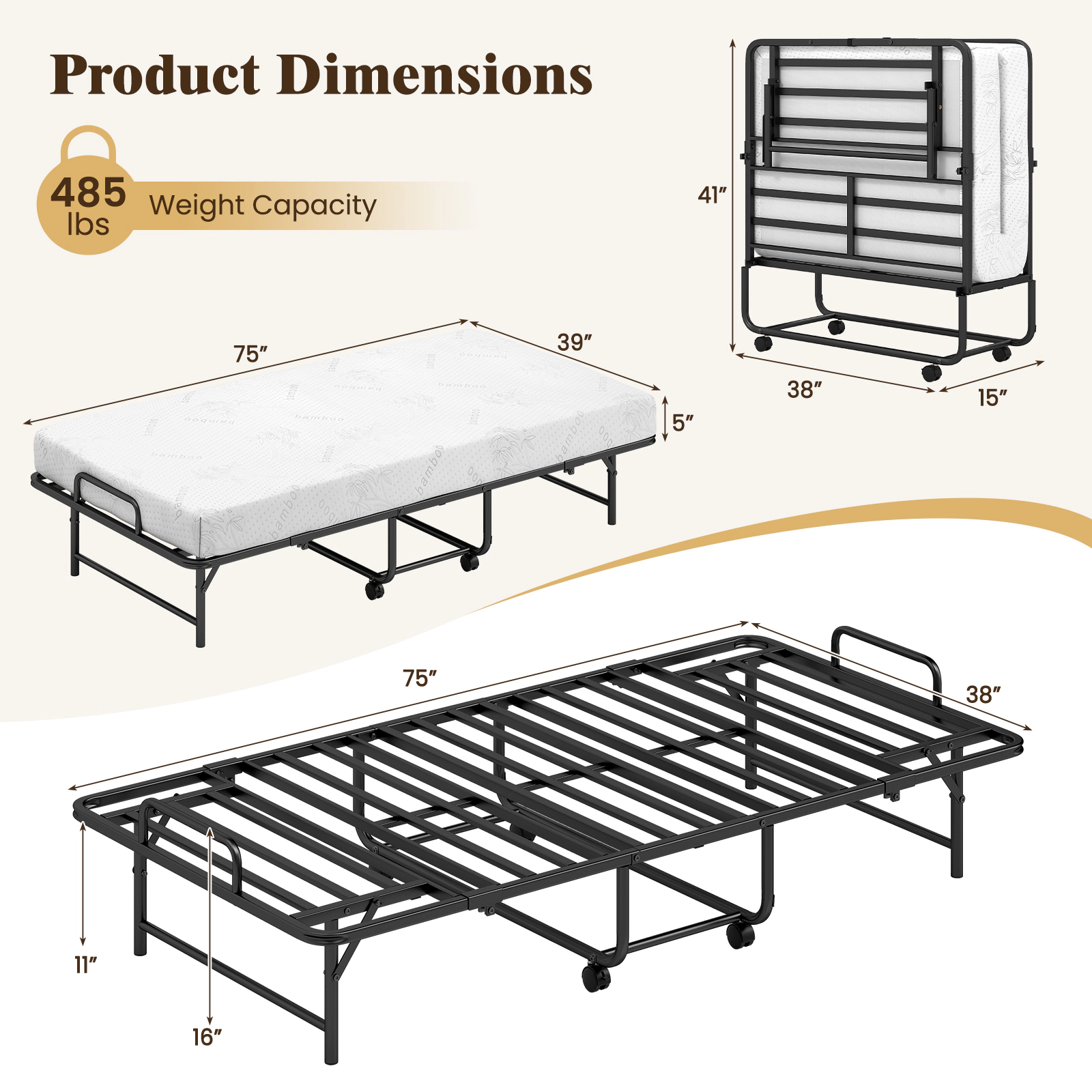 SUGIFT Black 5 Inch Gel Memory Foam Mattress Twin Size Rollaway Folding Guest Bed