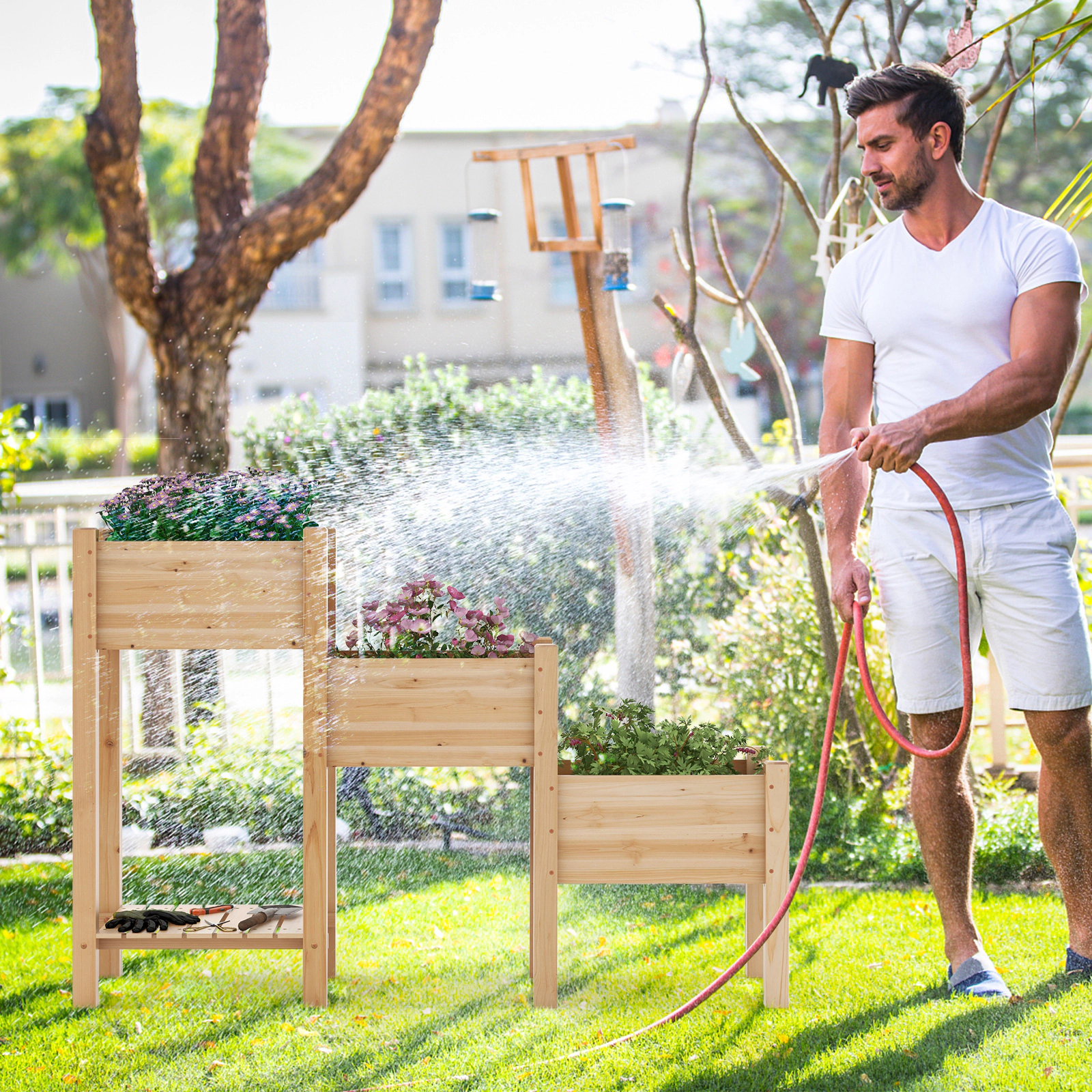SUGIFT 3-Tier Natural Wood Raised Garden Bed with Open Storage Shelf 64-in W 17-in D 41-in H 66-lb Per Box