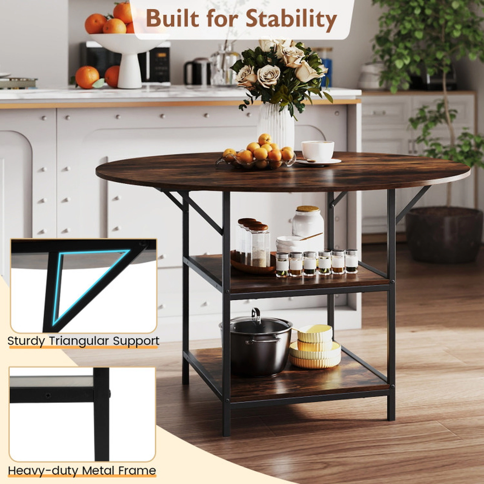 SUGIFT 47-in Round Breakfast Nook Dining Table with 2-Tier Storage Shelves, Seats 4 to 6