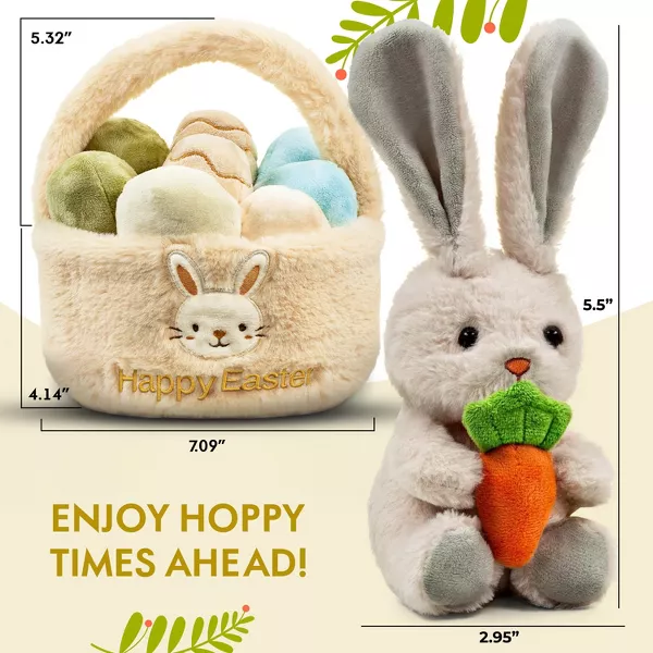 Sperric Easter Plush Bunny & Easter Egg Plush Basket Toy Set - Cute Stuffed Plush Bunny & Easter Basket Plush with Eggs