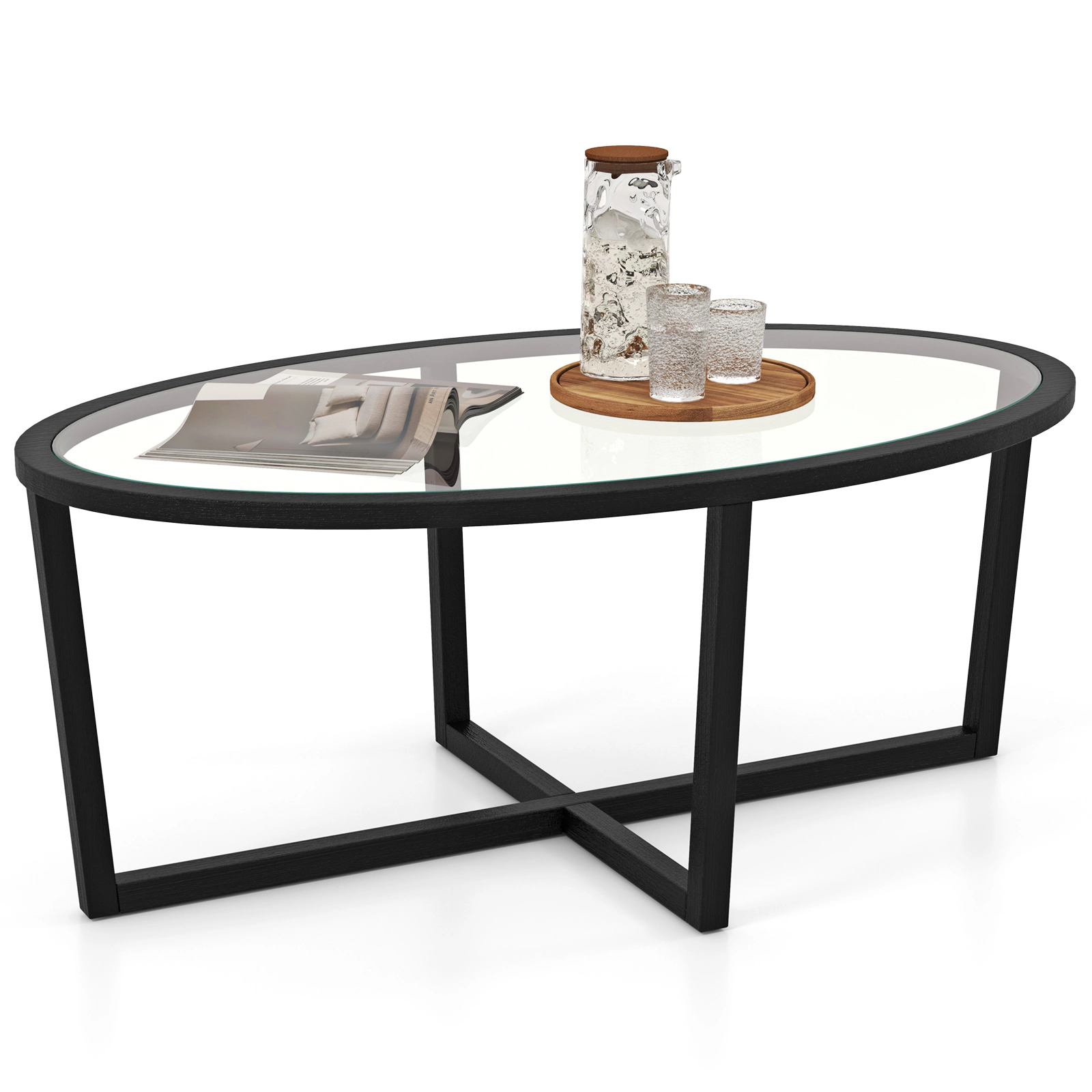 SUGIFT 46.5-in Oval 110-lb Capacity Black Glass Coffee Table with Cross Base and Acacia Wood Legs