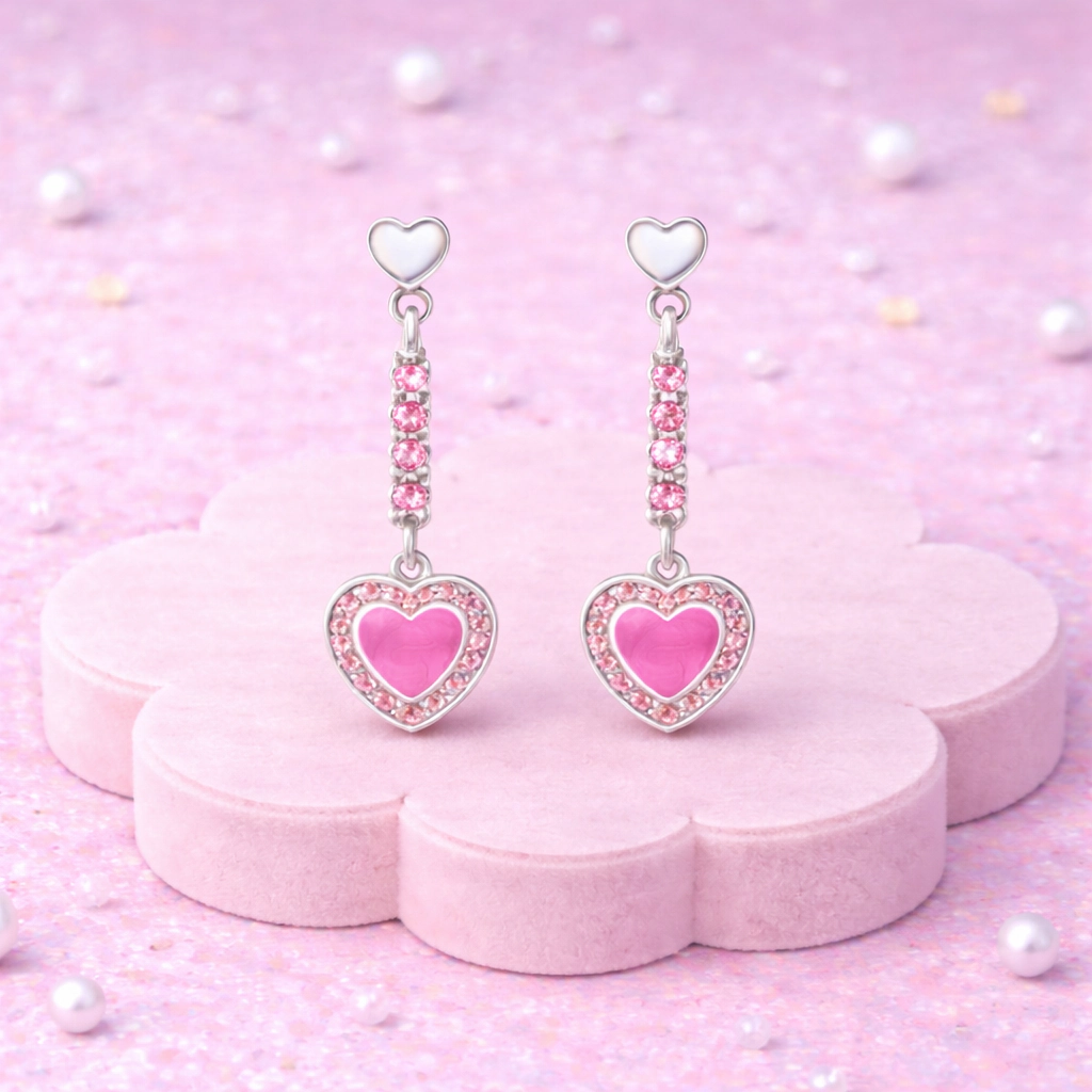 CHANTEUR Kids Pink Enamel Heart Drop Earrings - Sterling Silver Posts, Silver-Plated Brass, Pink Cubic Zirconia