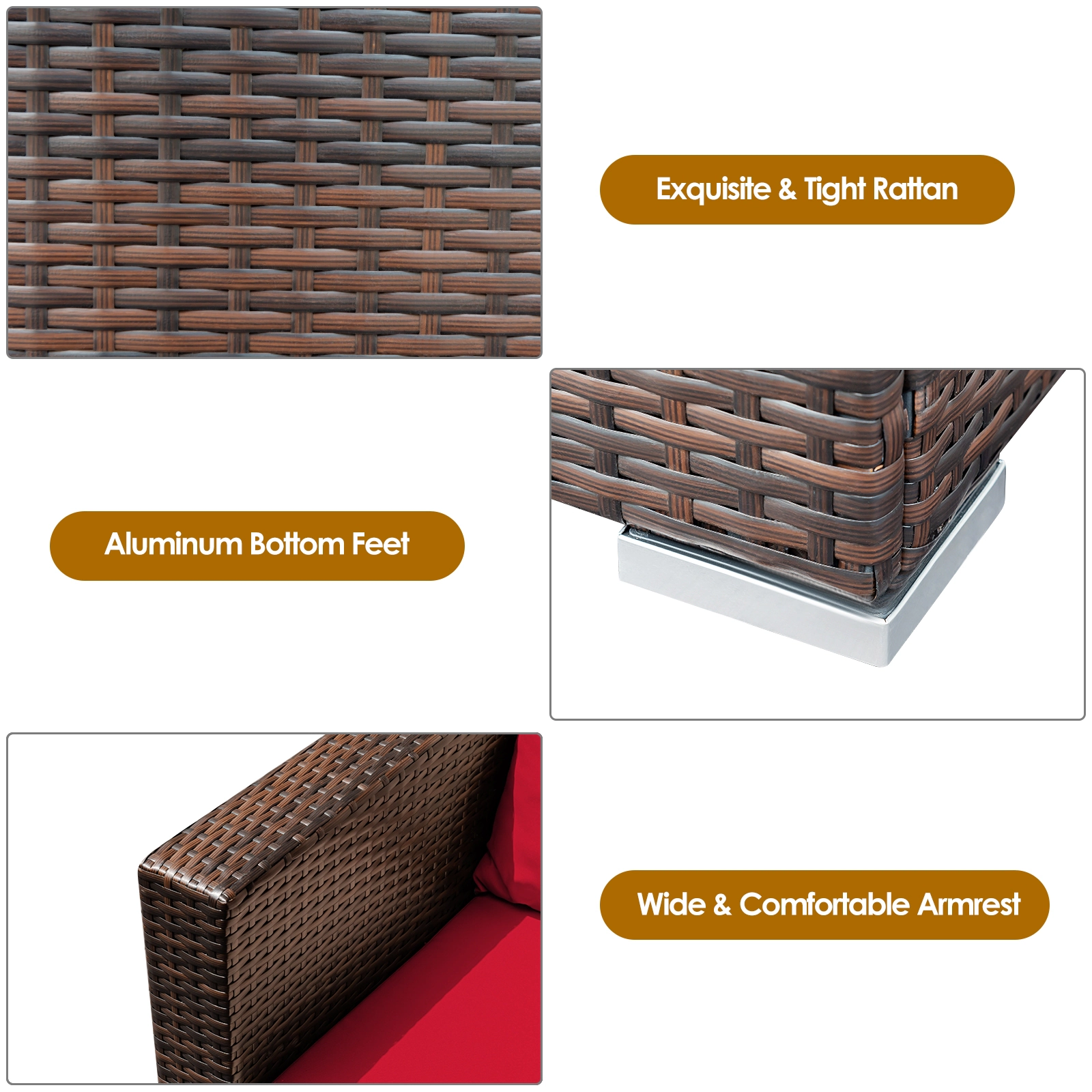SUGIFT 3-Piece Steel Rattan Patio Conversation Furniture Set Cushions 400-lb Sofa Capacity Brown Rattan Red Cushions