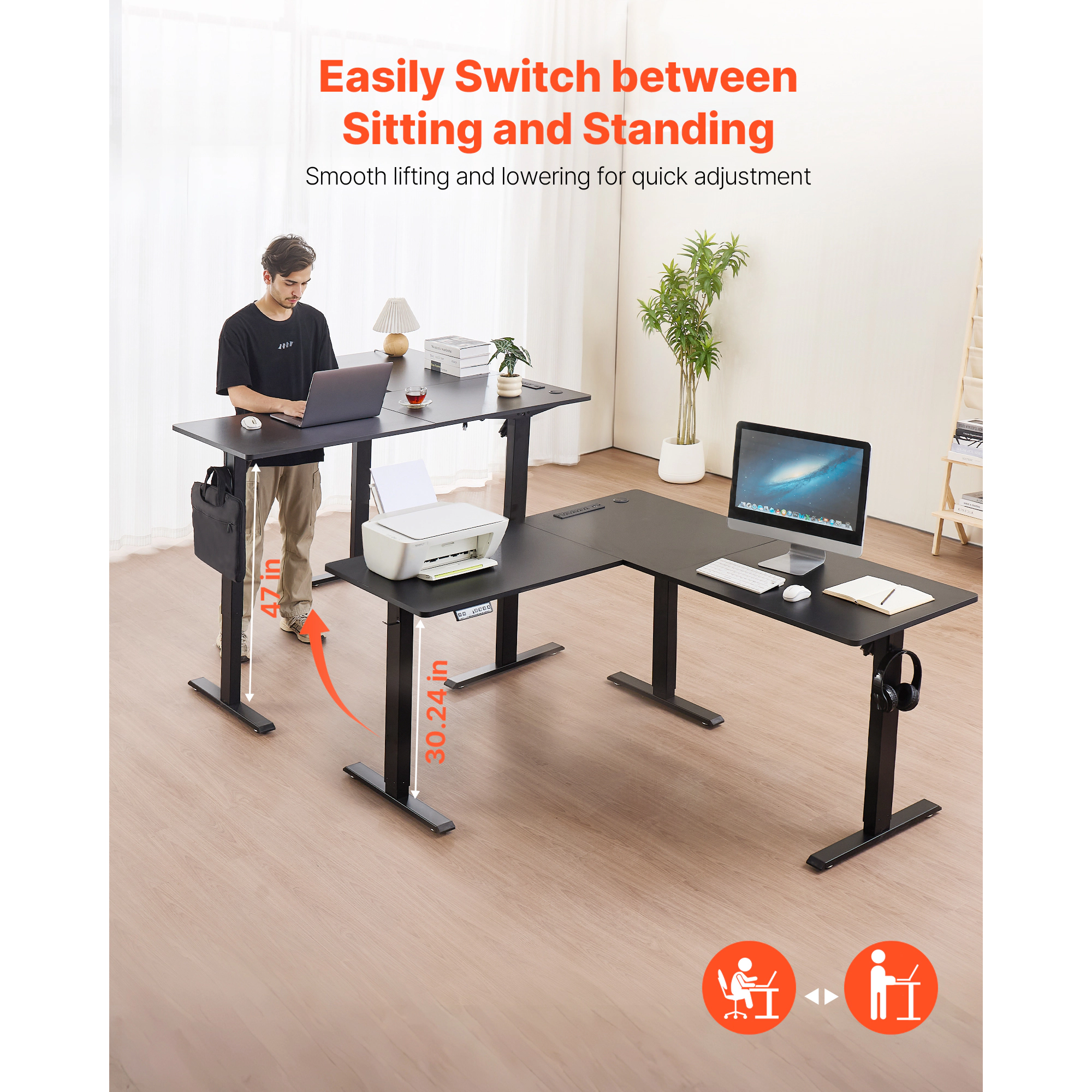 HONGGE L Shaped Desk, Electric Adjustable Height Corner Gaming Desk with Dual Hooks