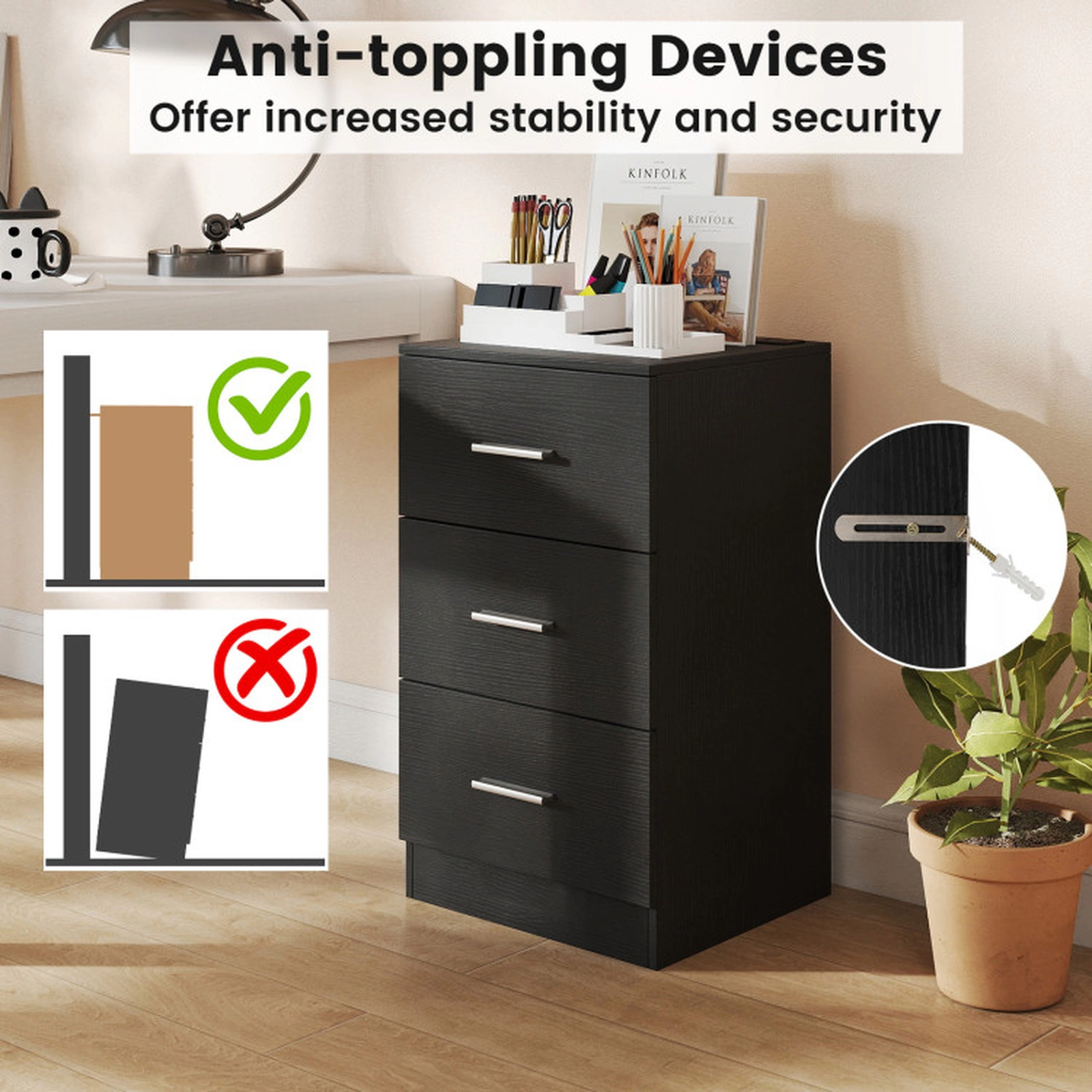 SUGIFT Set of 2 Black Nightstands with Charging Stations and 3 Drawers