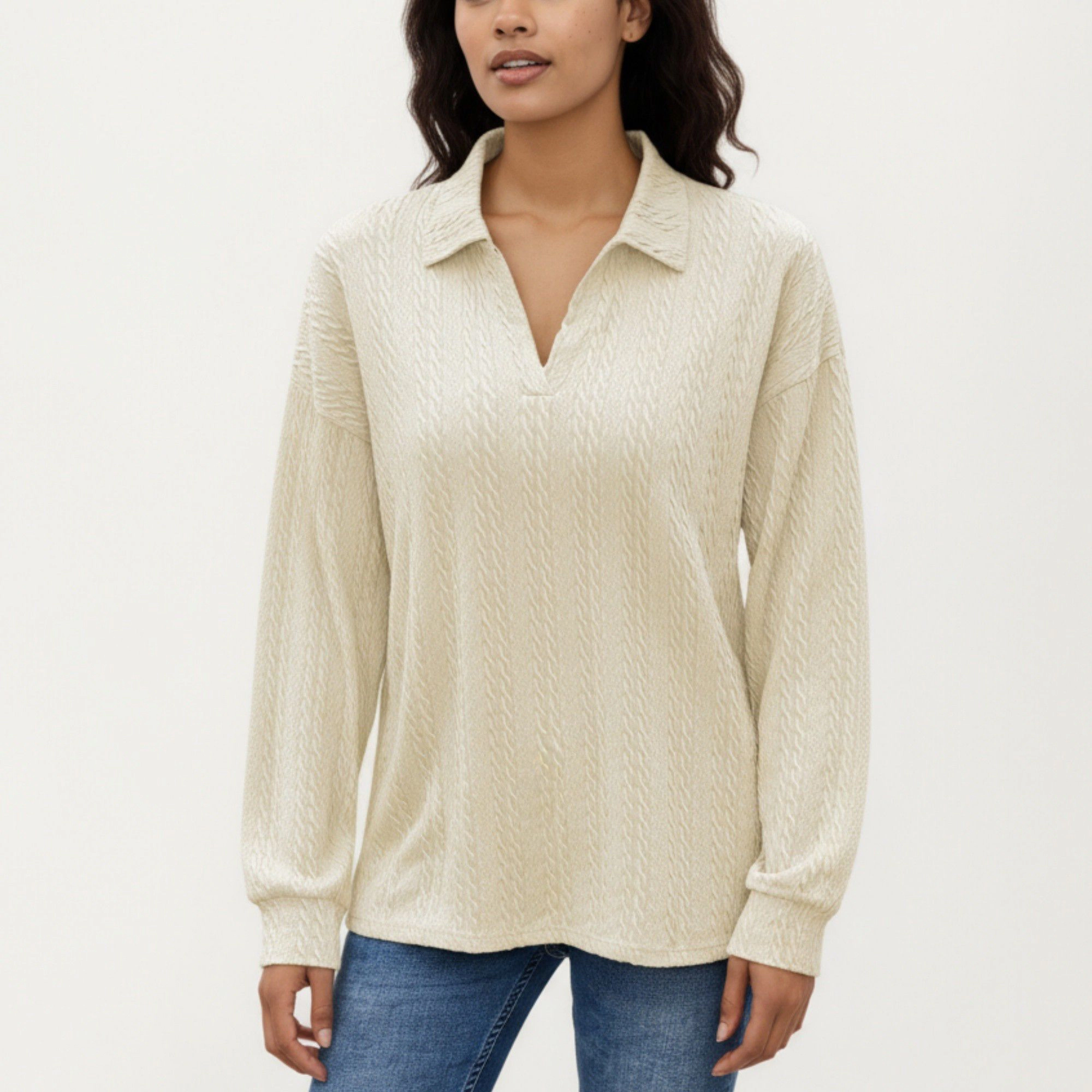 Anna-Kaci Women's Subtle Textured Pattern Collared Relaxed Fit Long Sleeve Knit Top